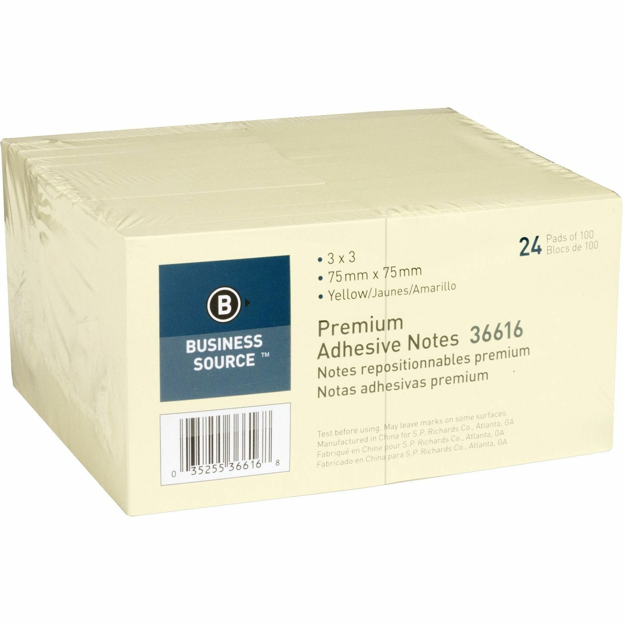 Business Source Yellow Repostionable Adhesive Notes - 3" x 3" - Square - Yellow - Repositionable, Solvent-free Adhesive - 24 / Pack -