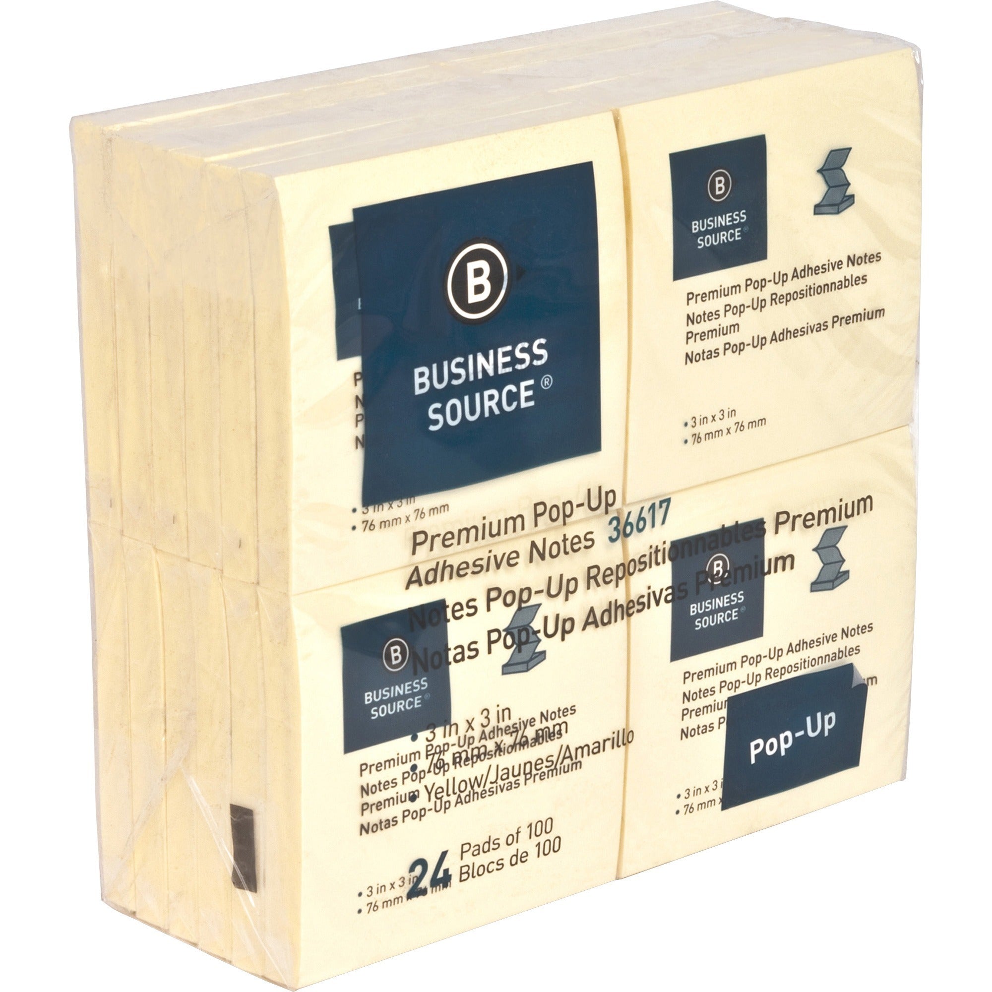 Business Source Reposition Pop-up Adhesive Notes - 3" x 3" - Square - Yellow - Removable, Repositionable, Solvent-free Adhesive, Fanfold, Pop-up - 24 / Pack -