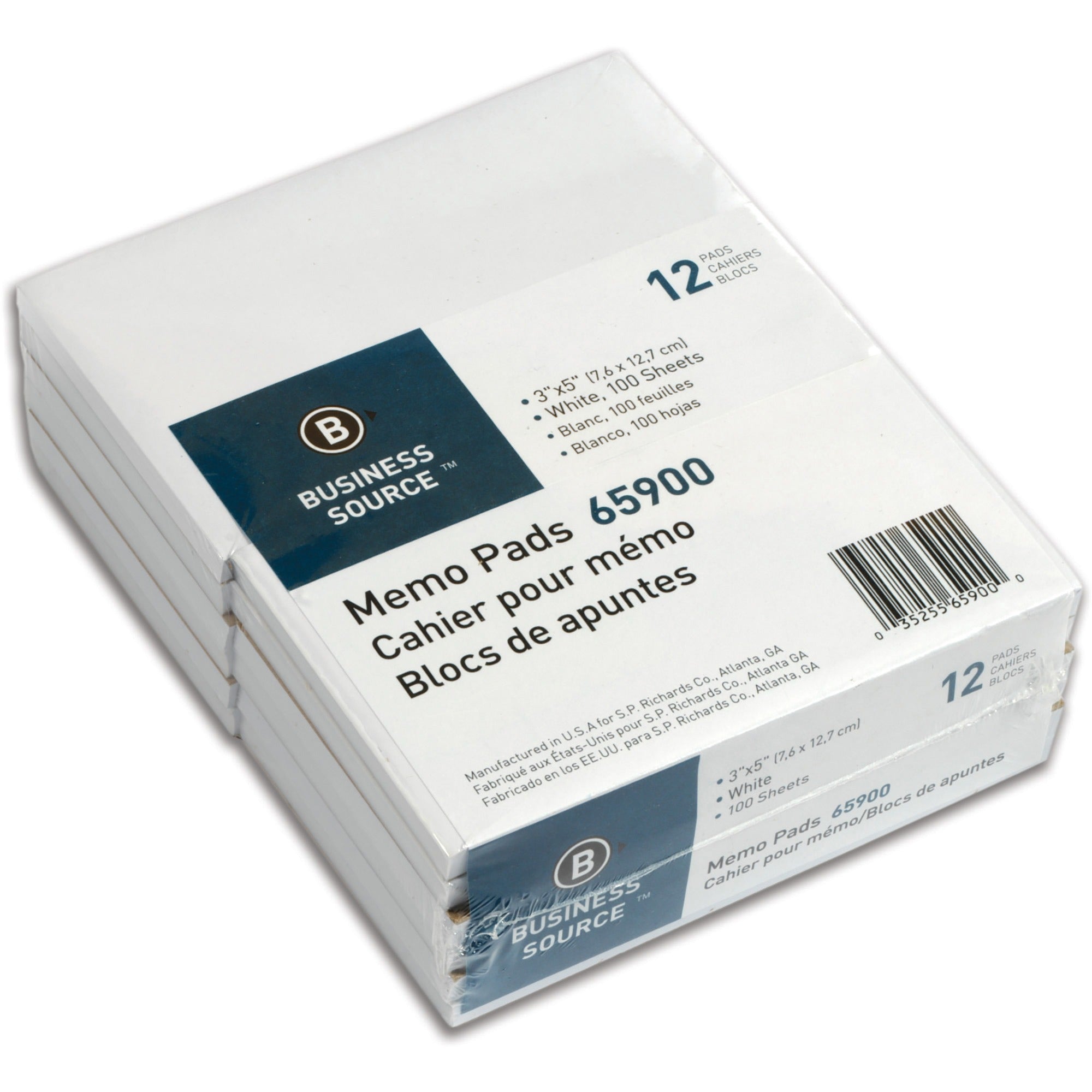 Business Source Plain Memo Pads - 100 Sheets - Plain - Glued - Unruled - 15 lb Basis Weight - 3" x 5" - White Paper - Chipboard Backing - 1 Dozen -