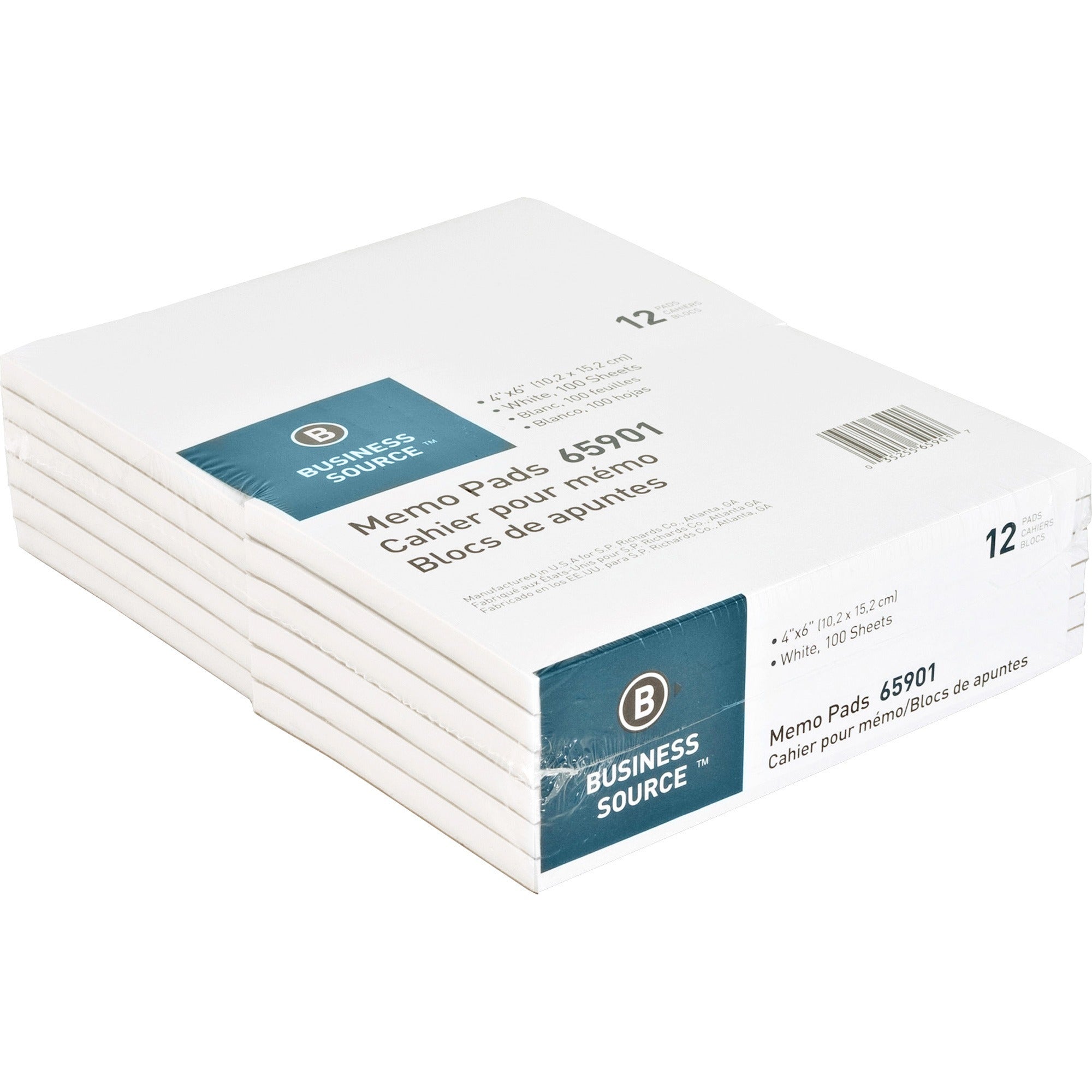 Business Source Plain Memo Pads - 100 Sheets - Plain - Glued - Unruled - 15 lb Basis Weight - 4" x 6" - White Paper - Chipboard Backing - 1 Dozen -