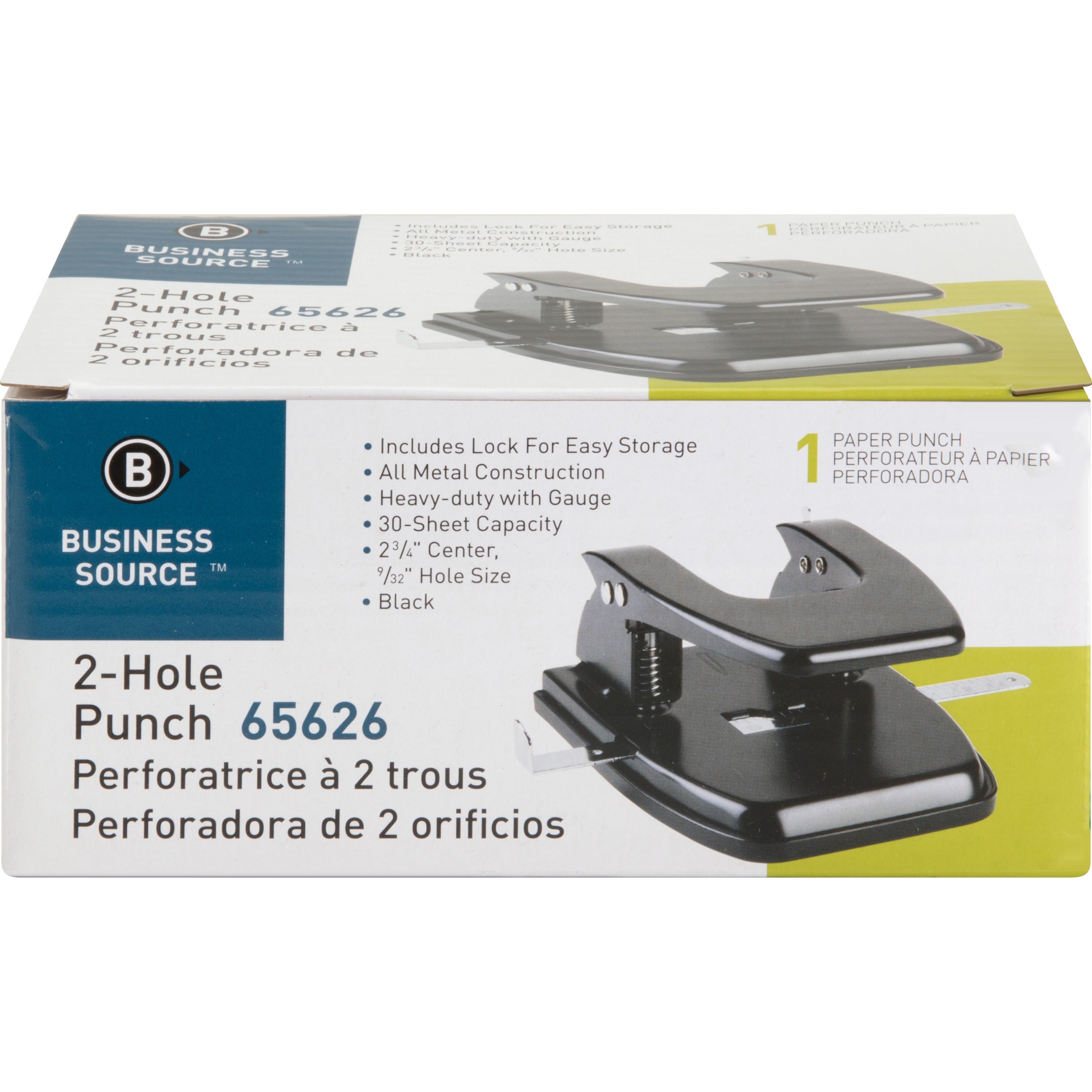 Business Source Heavy-duty 2-Hole Punch - 2 Punch Head(s) - 30 Sheet of 20lb Paper - 9/32" Punch Size - Round Shape - Black -