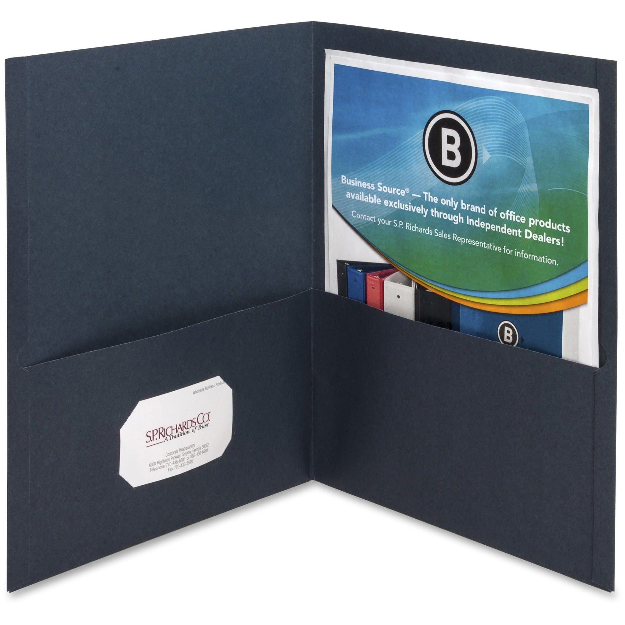 Business Source Letter Recycled Pocket Folder - 8 1/2" x 11" - 100 Sheet Capacity - 2 Inside Front & Back Pocket(s) - Paper - Dark Blue - 35% Recycled - 25 / Box -