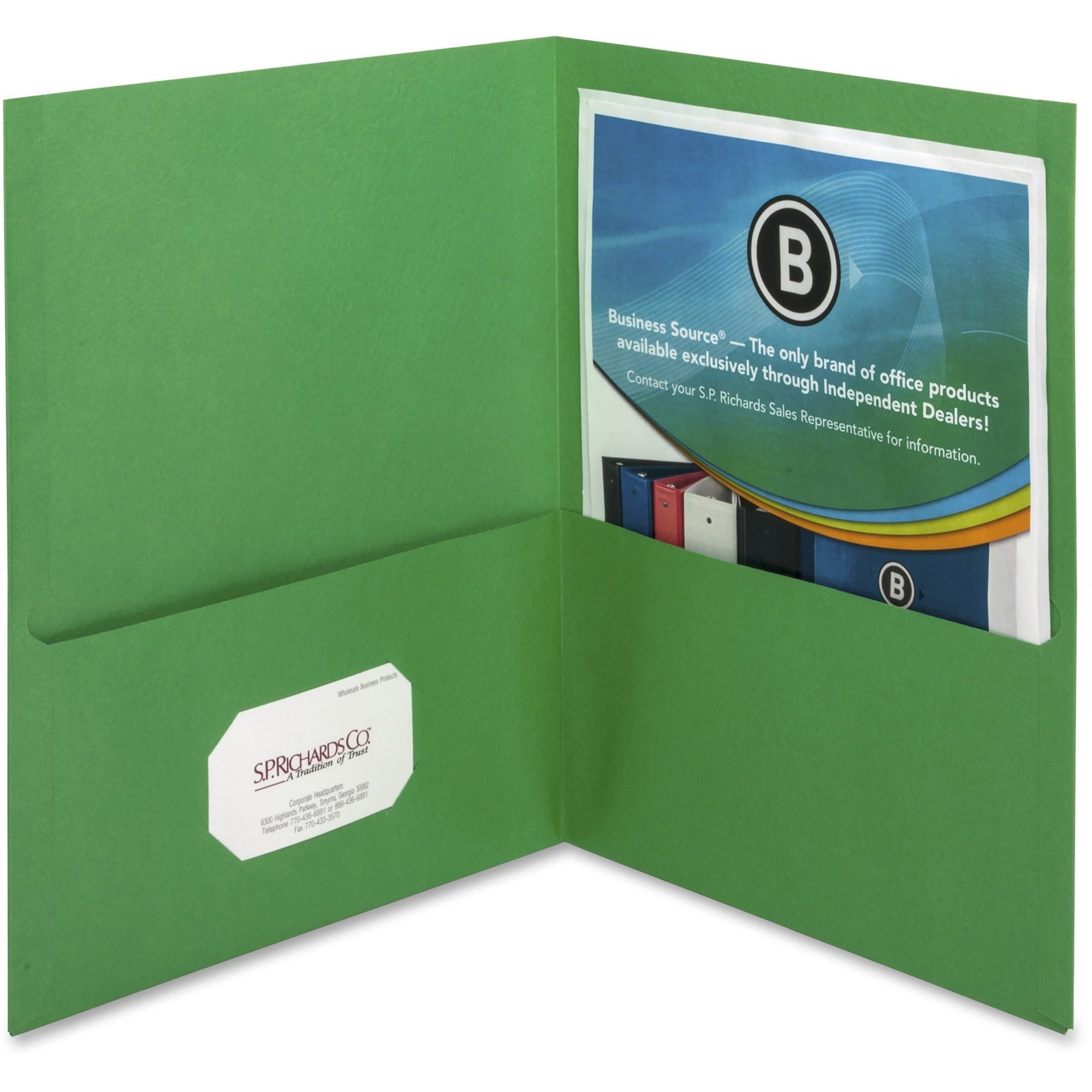 Business Source Letter Recycled Pocket Folder - 8 1/2" x 11" - 100 Sheet Capacity - 2 Inside Front & Back Pocket(s) - Paper - Green - 35% Recycled - 25 / Box -
