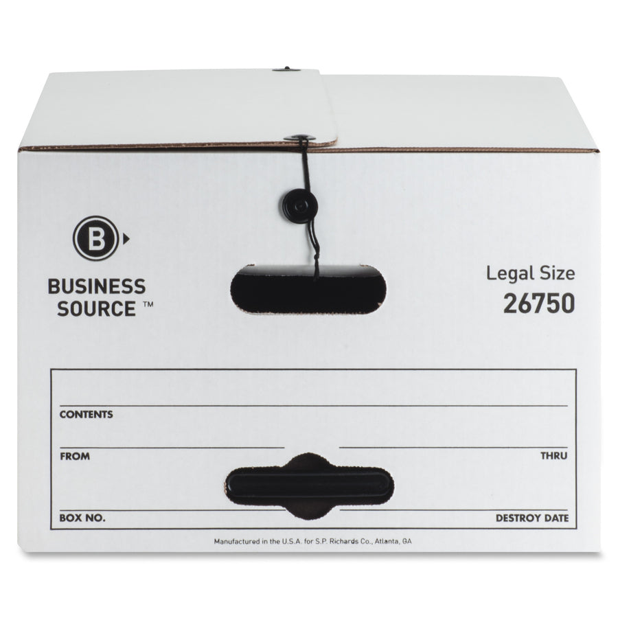 Business Source Light Duty Legal Size Storage Box - External Dimensions: 15" Width x 24" Depth x 10"Height - Media Size Supported: Legal - String/Button Tie Closure - Light Duty - Stackable - White - For File - Recycled - 12 / Carton -