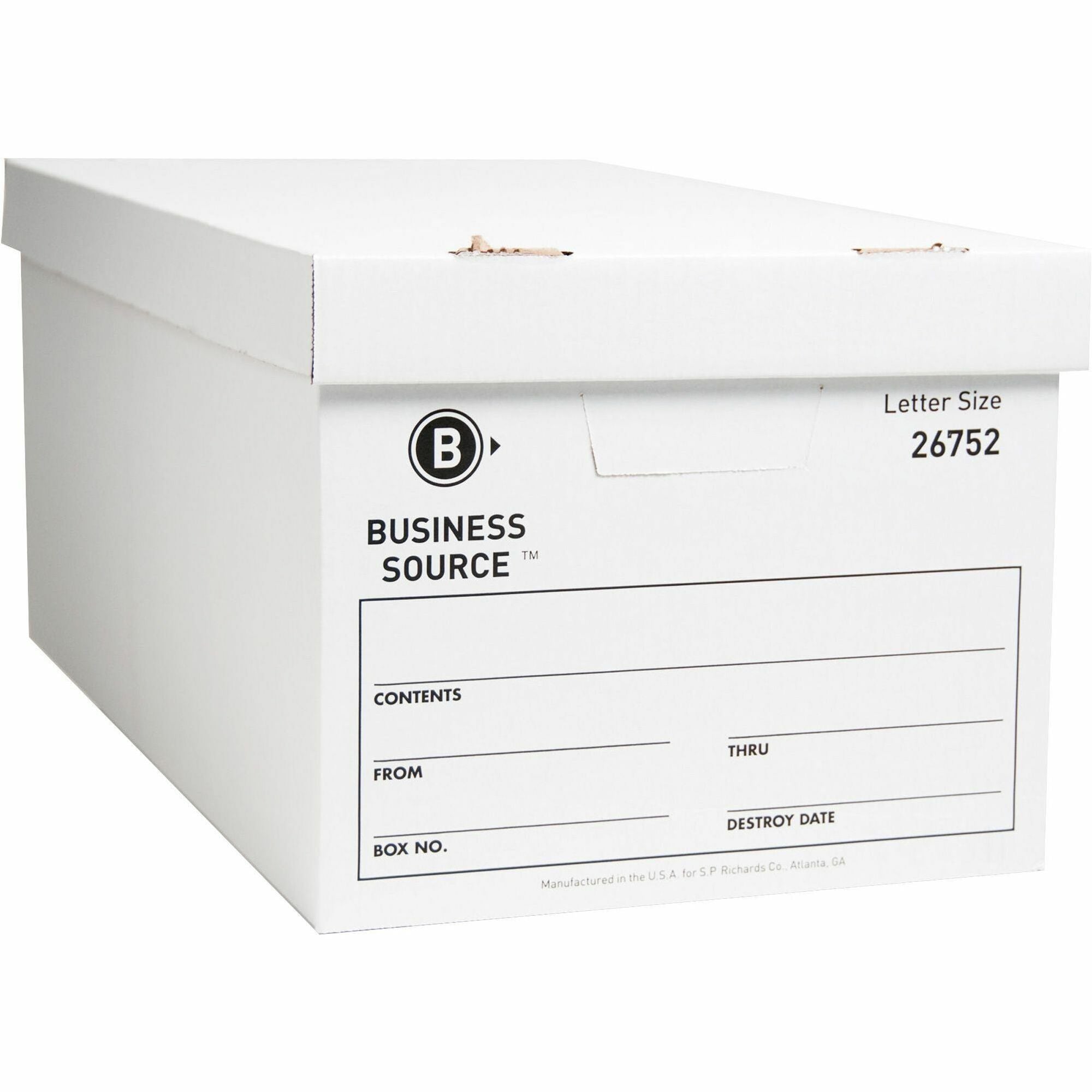 Business Source Lift-off Lid Light Duty Storage Box - External Dimensions: 12" Width x 24" Depth x 10"Height - Media Size Supported: Letter - Lift-off Closure - Light Duty - Stackable - Cardboard - White - For File - Recycled - 12 / Carton -