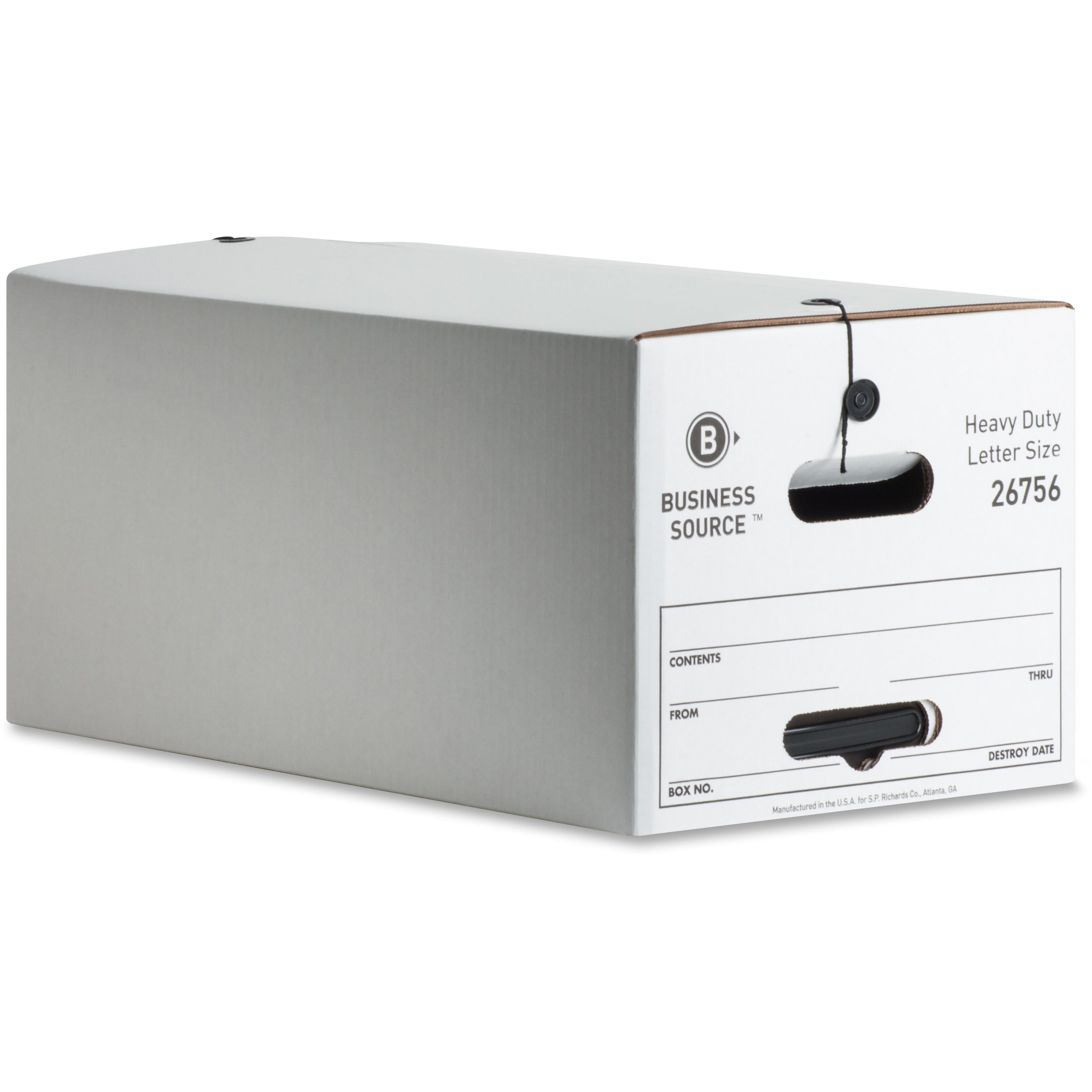 Business Source Heavy Duty Letter Size Storage Box - External Dimensions: 12" Width x 24" Depth x 10"Height - Media Size Supported: Letter - String/Button Tie Closure - Medium Duty - Stackable - White - For File - Recycled - 12 / Carton -