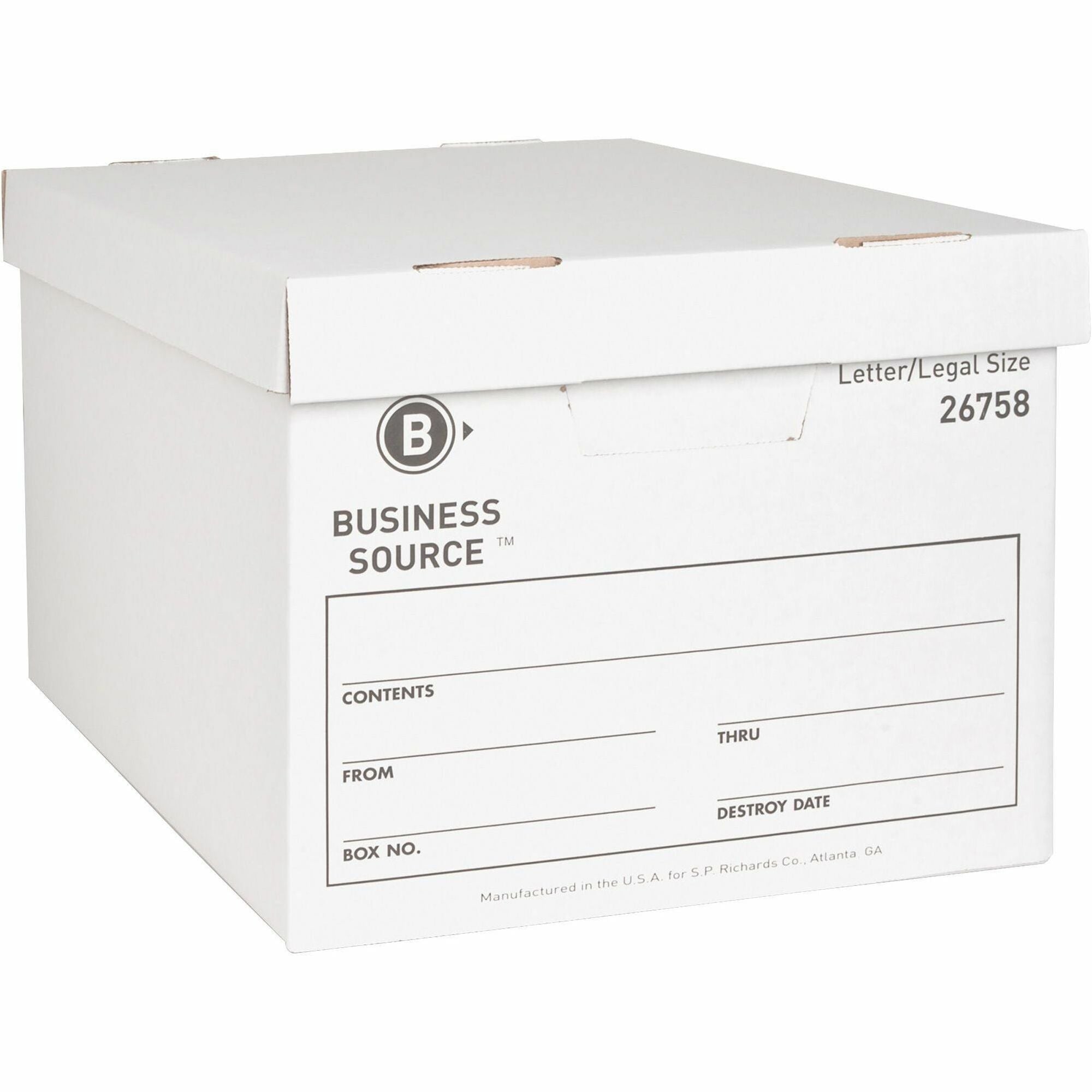 Business Source Lift-off Lid Heavy-Duty Storage Box - External Dimensions: 12" Width x 15" Depth x 10"Height - Media Size Supported: Legal, Letter - Lift-off Closure - Heavy Duty - Stackable - Cardboard - White - For File - Recycled - 12 / Carton -
