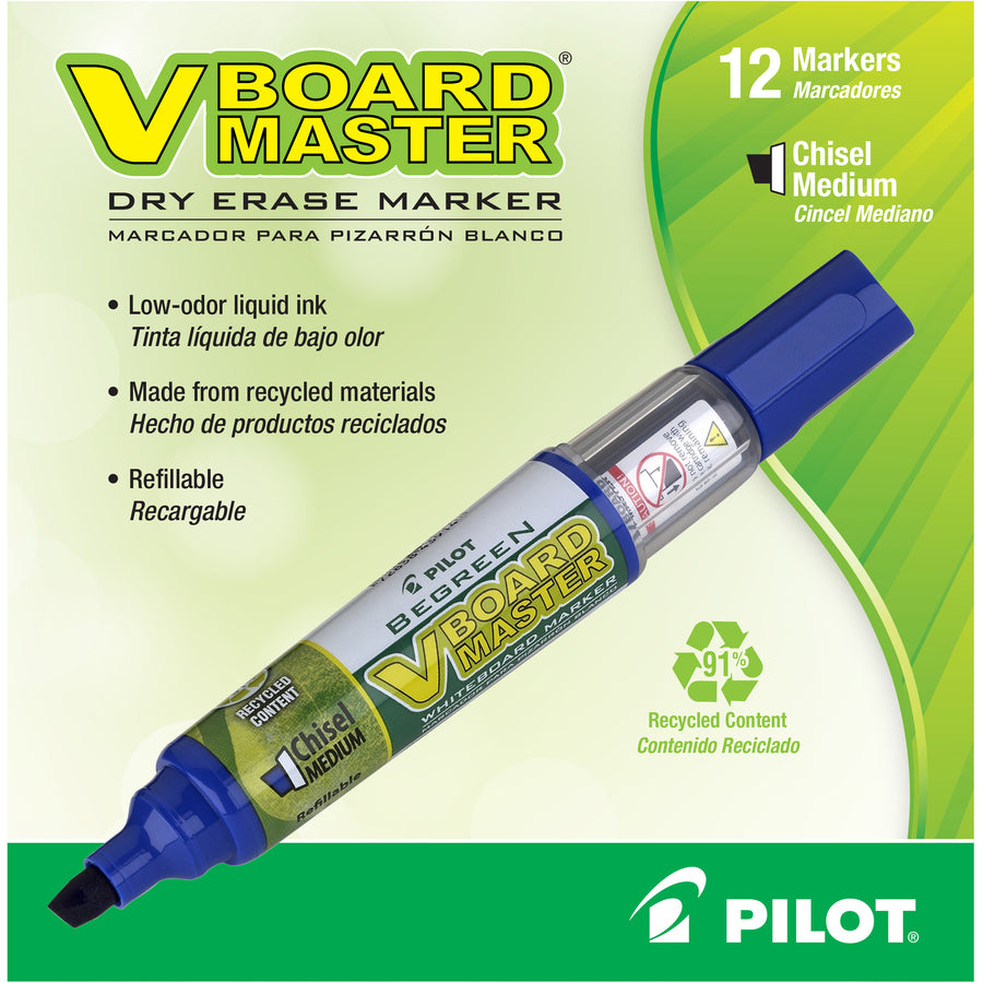 Pilot BeGreen Refillable VBoard Dry-erase Marker - Broad Marker Point - Chisel Marker Point Style - Refillable - Blue - 12 / Box -