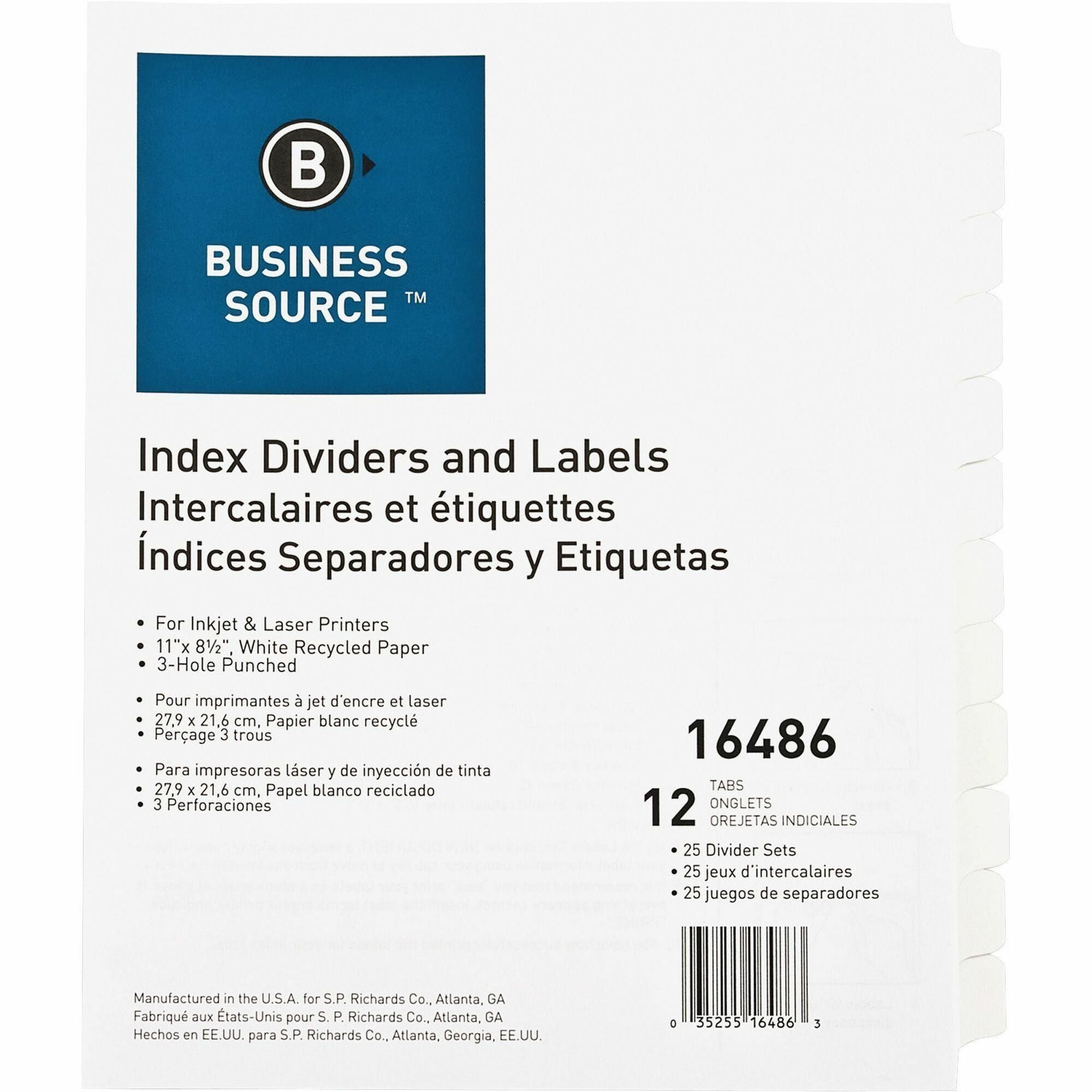 Business Source Customize 12-Tab Index Dividers - 12 x Divider(s) - 12 Print-on Tab(s) - 8.3" Divider Width - 3 Hole Punched - White Divider - White Tab(s) - Recycled - Punched, Mylar Reinforcement - 25 / Box -