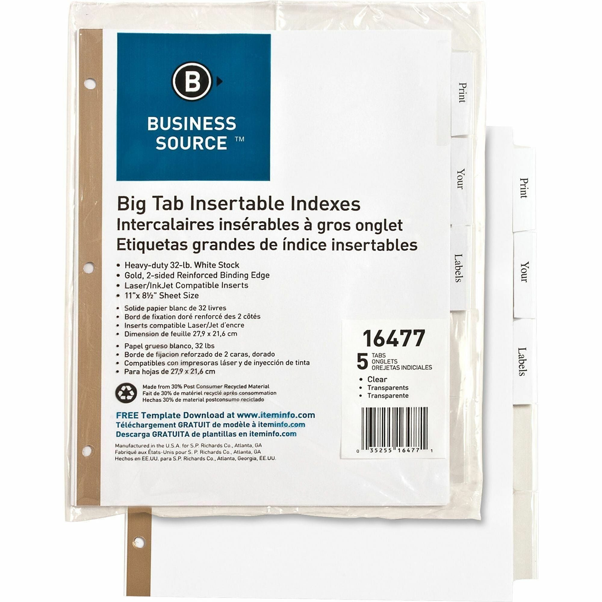 Business Source Tear-resistant Clear Tab Index Dividers - 5 x Divider(s) - 5 Tab(s)/Set - 8.5" Divider Width x 11" Divider Length - Letter - White Divider - Clear Tab(s) - Recycled - Tear Resistant - 5 / Set -