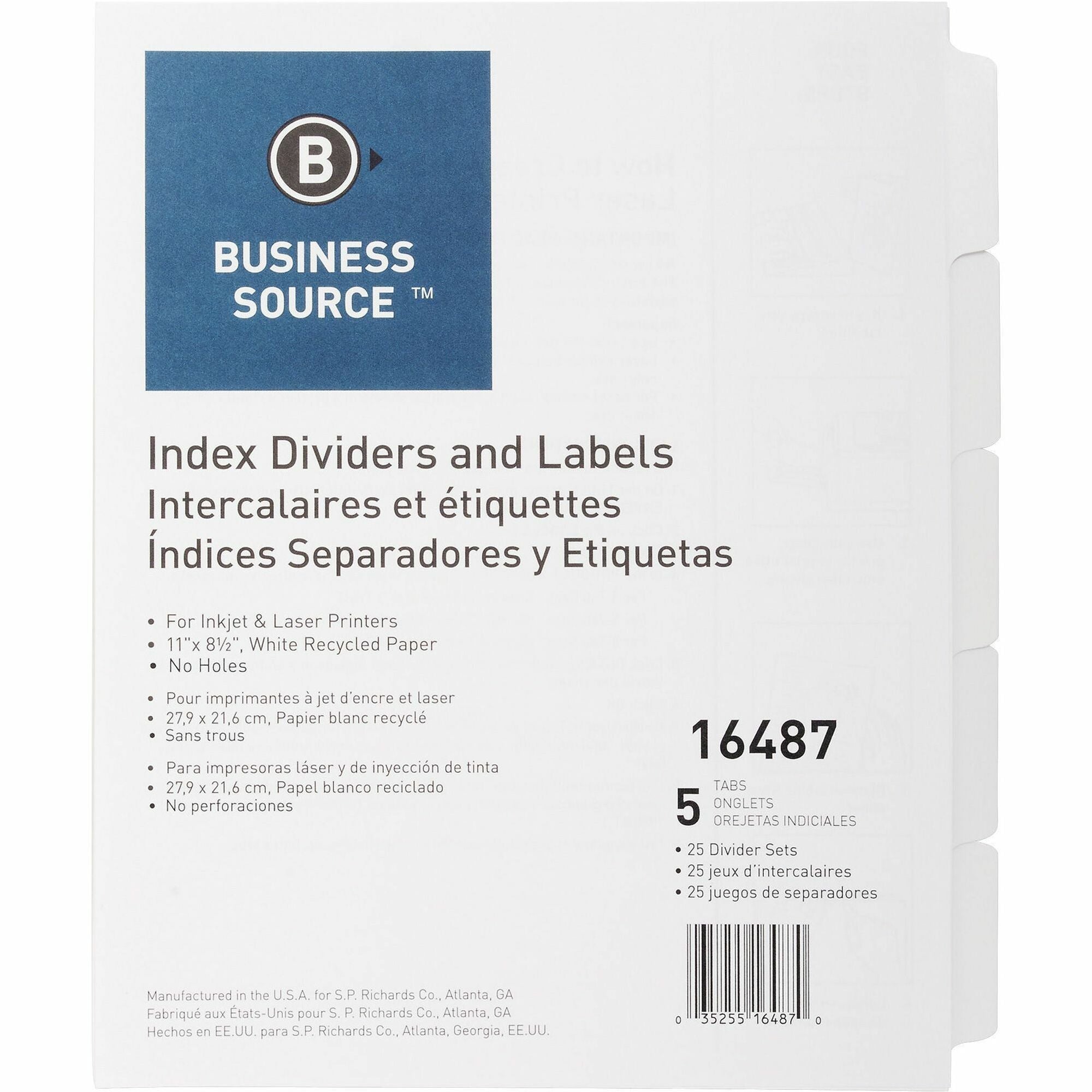 Business Source Un-punched Index Dividers Set - 5 x Divider(s) - Blank Tab(s) - 5 Tab(s)/Set - White Divider - White Tab(s) - Recycled - Unpunched - 25 / Box -