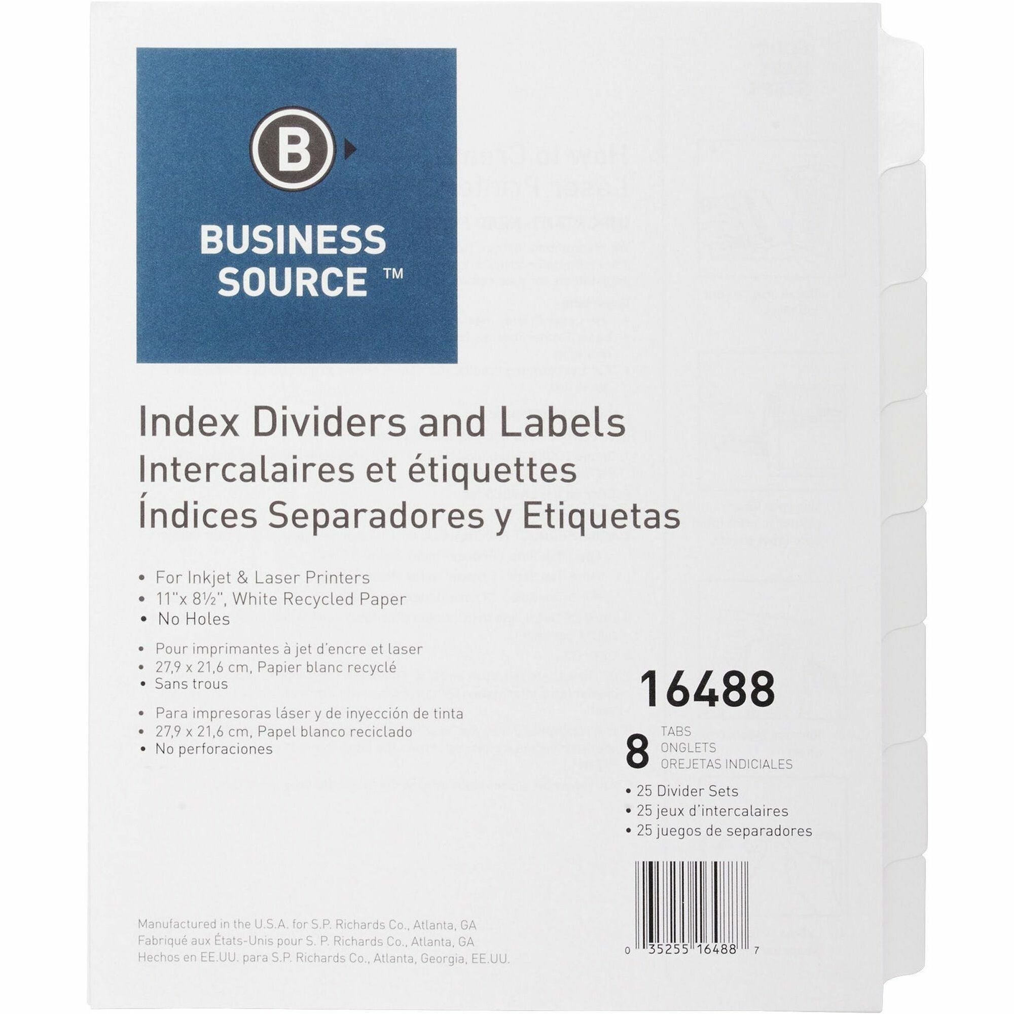 Business Source Unpunched Index Dividers Set - 8 Blank Tab(s) - 8.5" Divider Width x 11" Divider Length - Letter - White Tab(s) - Recycled - Unpunched - 25 / Box -