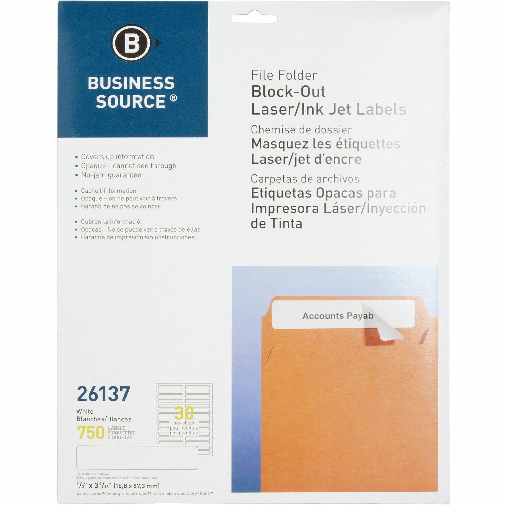 Business Source Block-out File Folder Labels - 3 7/16" Length - Permanent Adhesive - Laser, Inkjet - White - 30 / Sheet - 750 / Pack - Lignin-free -