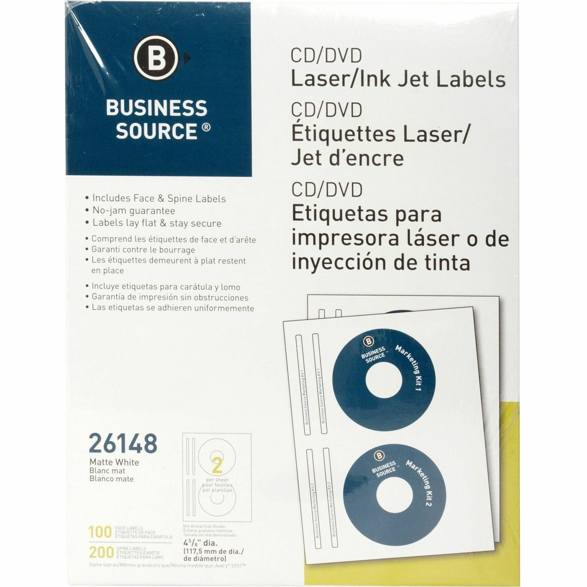 Business Source CD/DVD Labels - - Height4 5/8" Diameter - Permanent Adhesive - Circle - Inkjet, Laser - White - 100 / Pack - Lignin-free, Smudge Resistant -