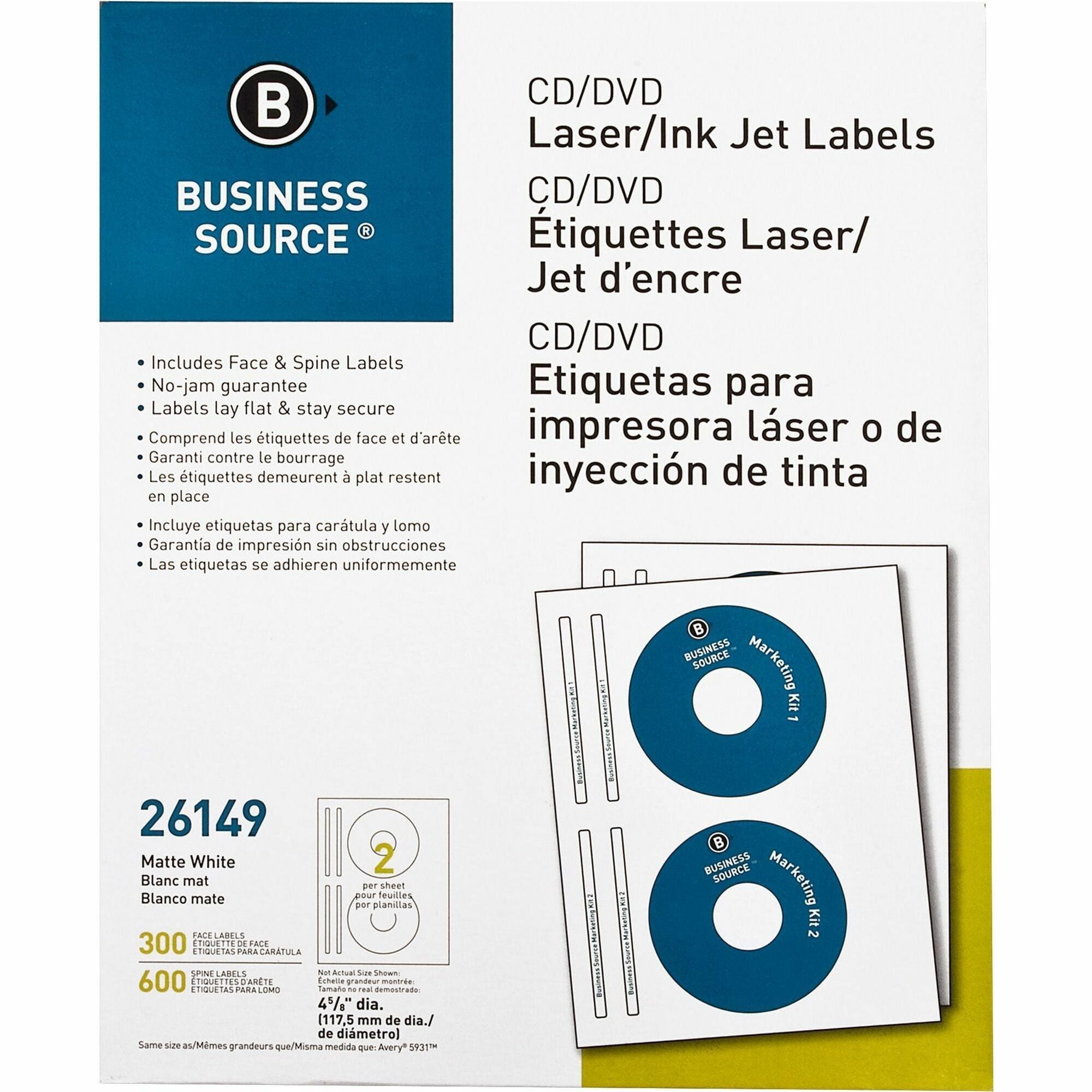 Business Source CD/DVD Labels - - Height4 5/8" Diameter - Permanent Adhesive - Circle - Inkjet, Laser - White - 300 / Pack - Lignin-free, Smudge Resistant -