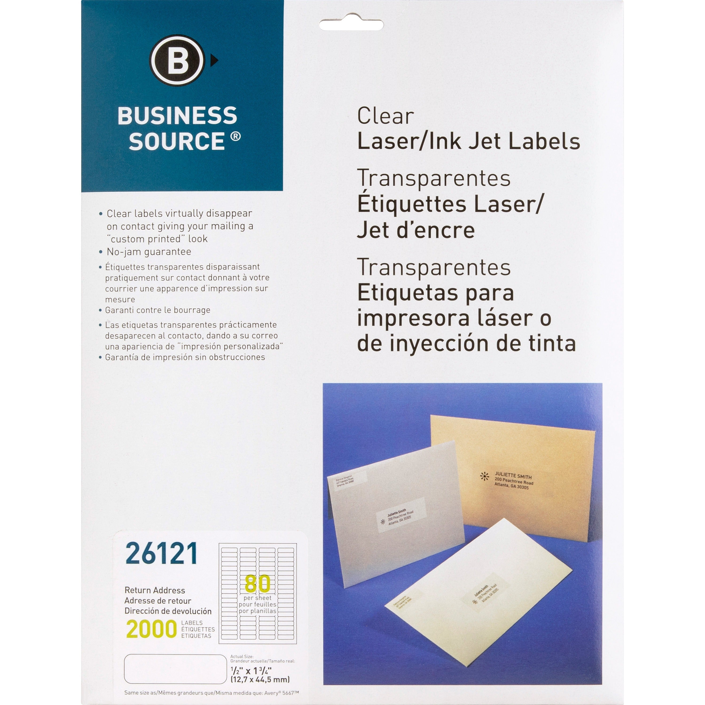 Business Source Clear Return Address Laser Labels - 1/2" Height x 1 3/4" Width - Permanent Adhesive - Rectangle - Laser - Clear - 80 / Sheet - 2000 / Pack - Self-adhesive -