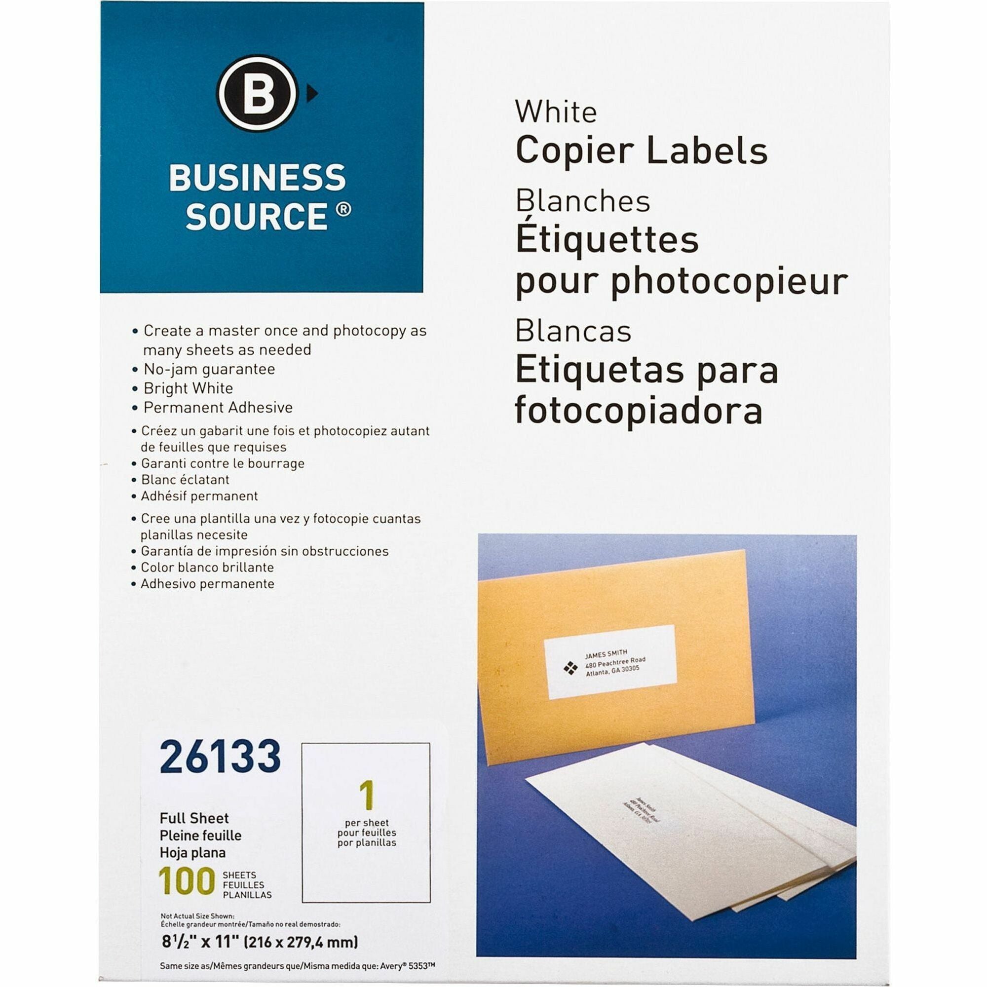 Business Source 8-1/2"x11" Copier Labels - 8 1/2" Width x 11" Length - Rectangle - White - 1 / Sheet - 100 / Pack - Lignin-free, Jam-free -