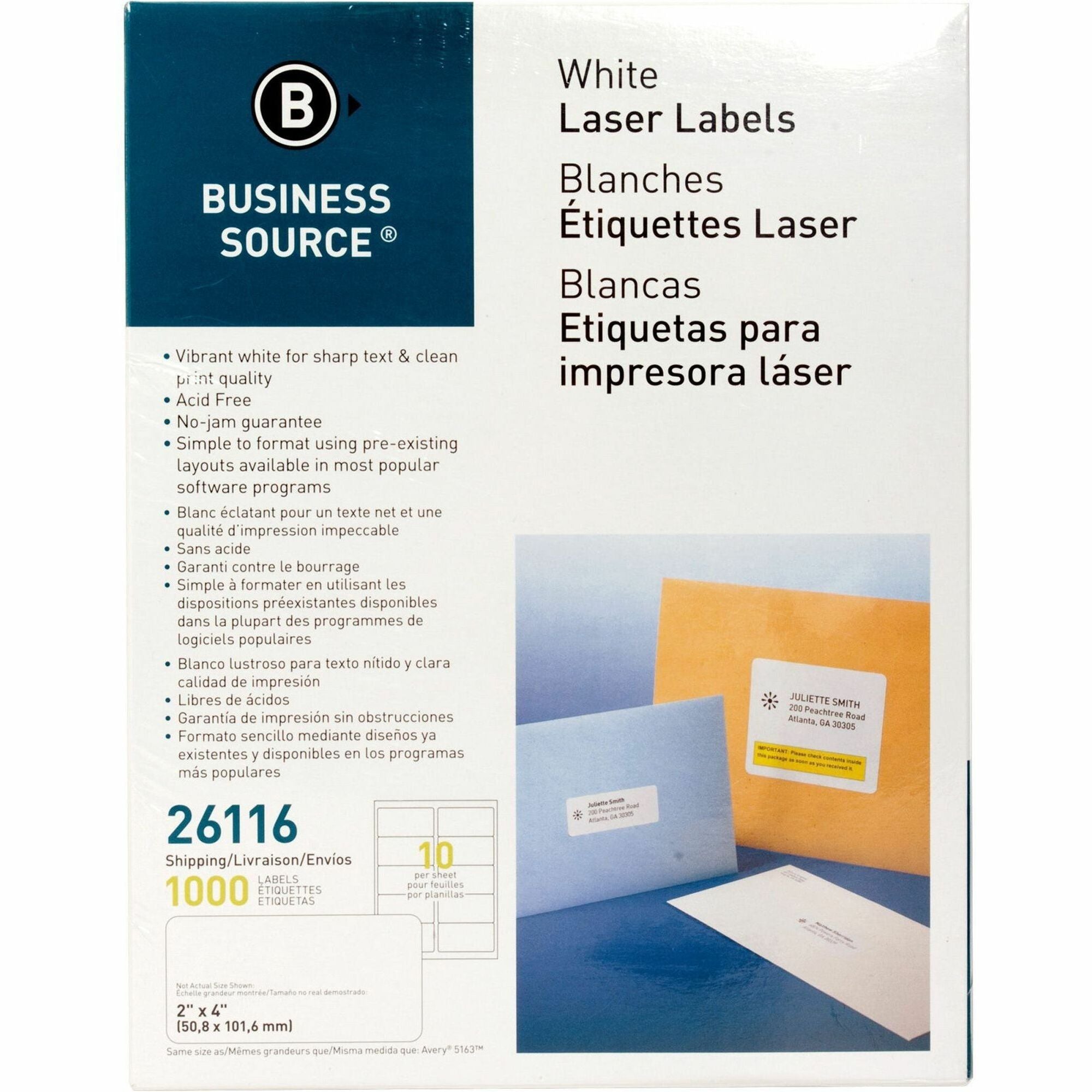 Business Source Bright White Premium-quality Shipping Labels - 2" Width x 4" Length - Permanent Adhesive - Rectangle - Laser, Inkjet - White - 10 / Sheet - 100 Total Sheets - 1000 / Pack - Lignin-free, Jam-free -