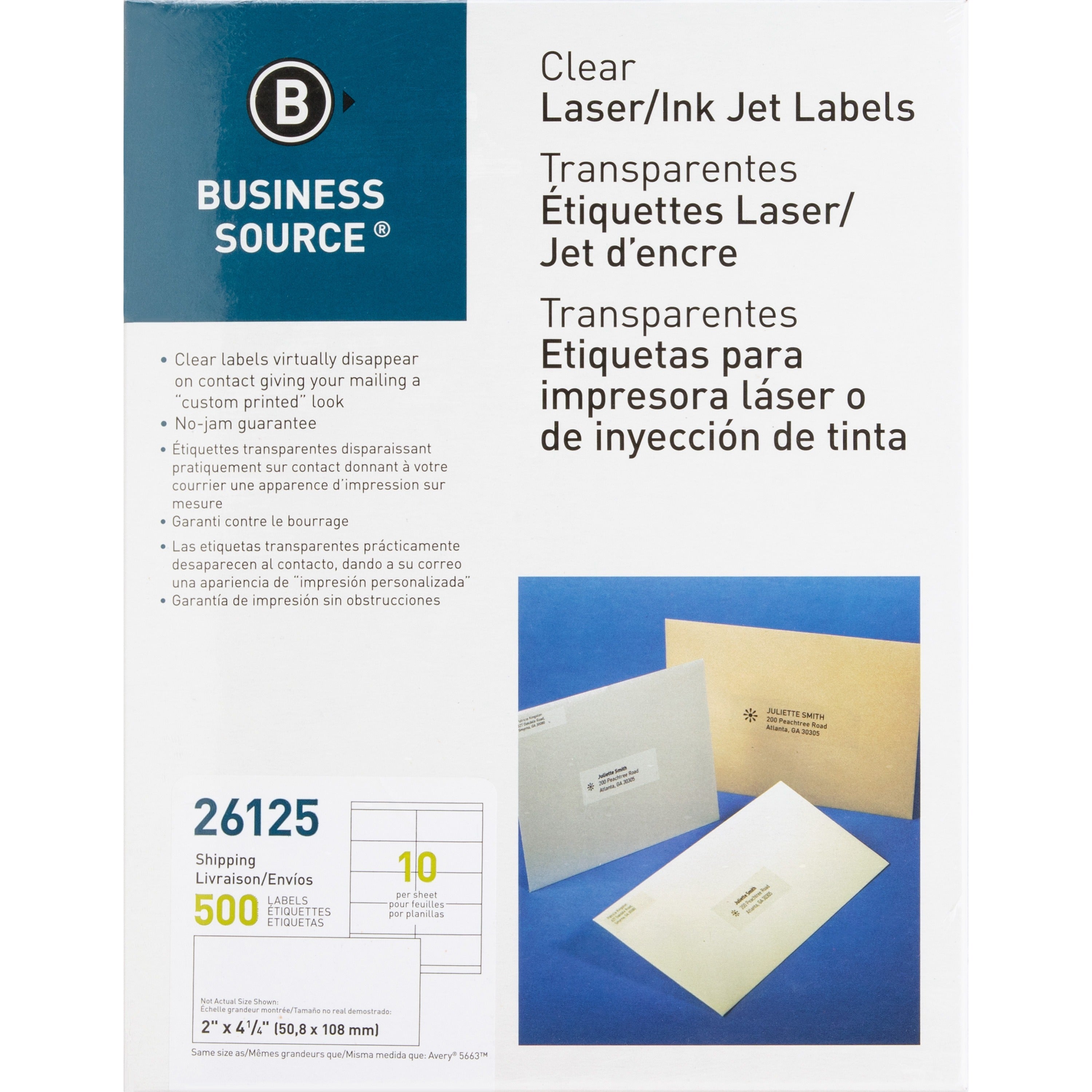 Business Source Clear Shipping Labels - 2" Width x 4 1/4" Length - Permanent Adhesive - Rectangle - Laser - Clear - 10 / Sheet - 500 / Pack - Self-adhesive -