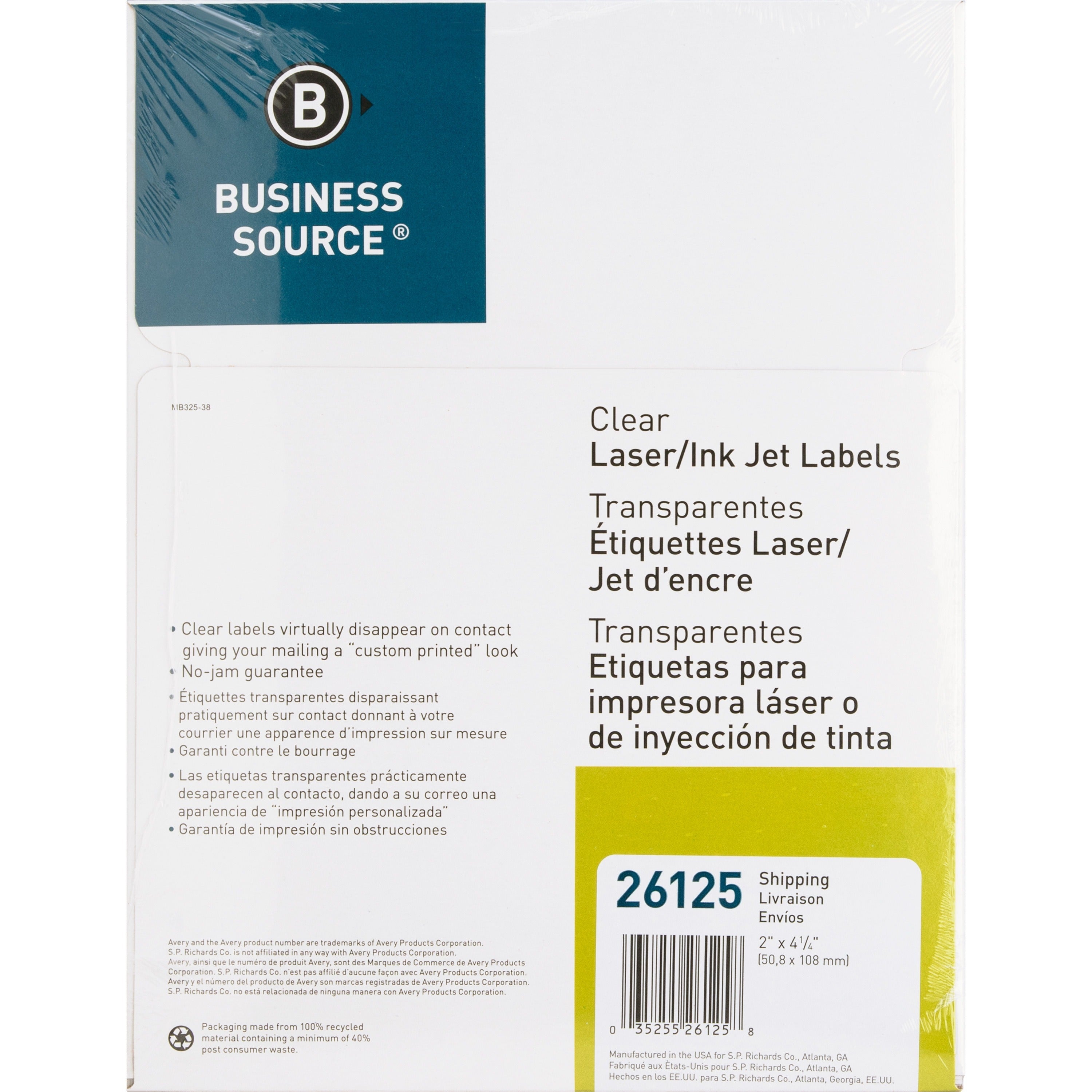 Business Source Clear Shipping Labels - 2" Width x 4 1/4" Length - Permanent Adhesive - Rectangle - Laser - Clear - 10 / Sheet - 500 / Pack - Self-adhesive -