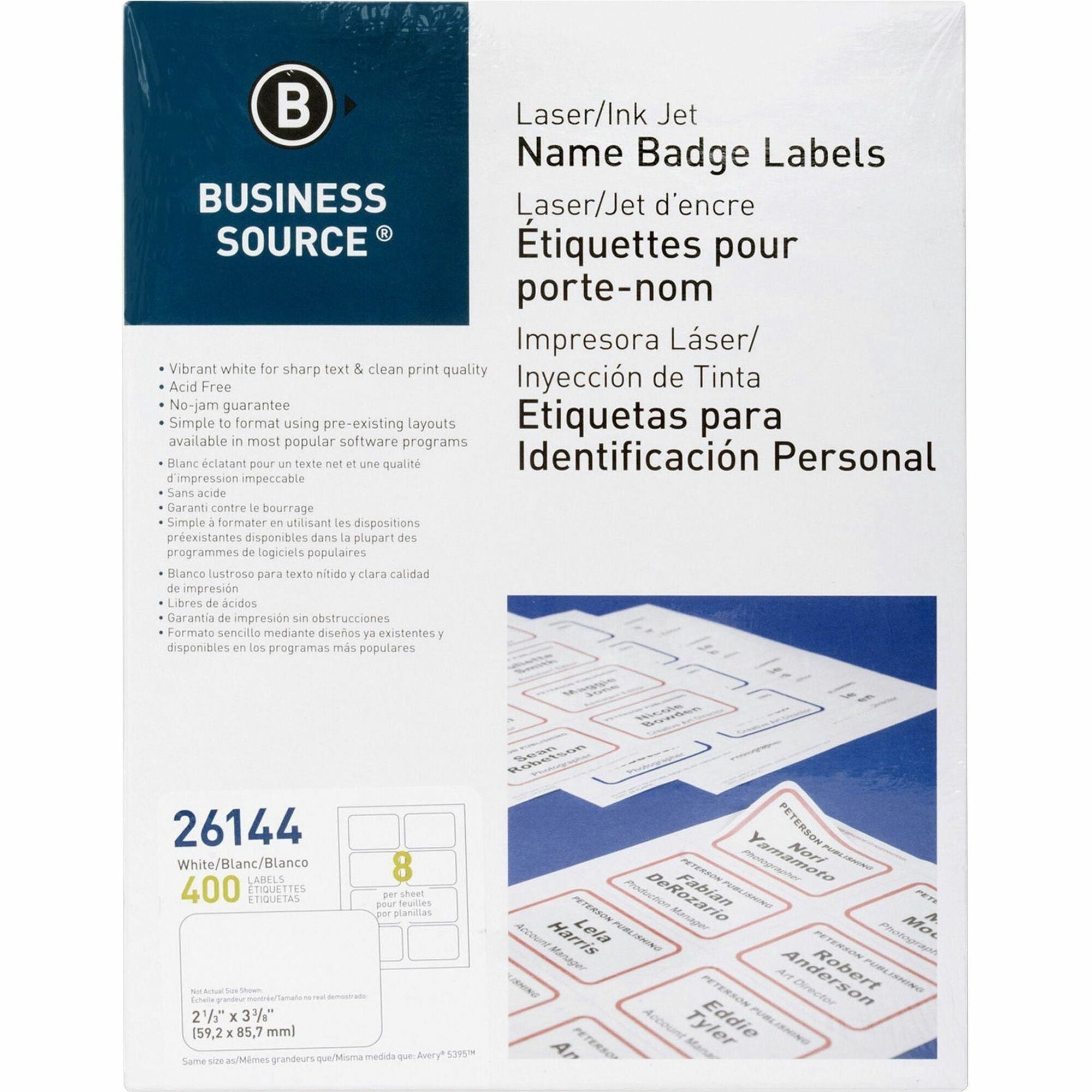 Business Source Laser/Inkjet Name Badge Labels - 2 1/3" Width x 3 3/8" Length - Rectangle - Laser, Inkjet - White - 8 / Sheet - 400 / Pack - Self-adhesive, Jam-free -