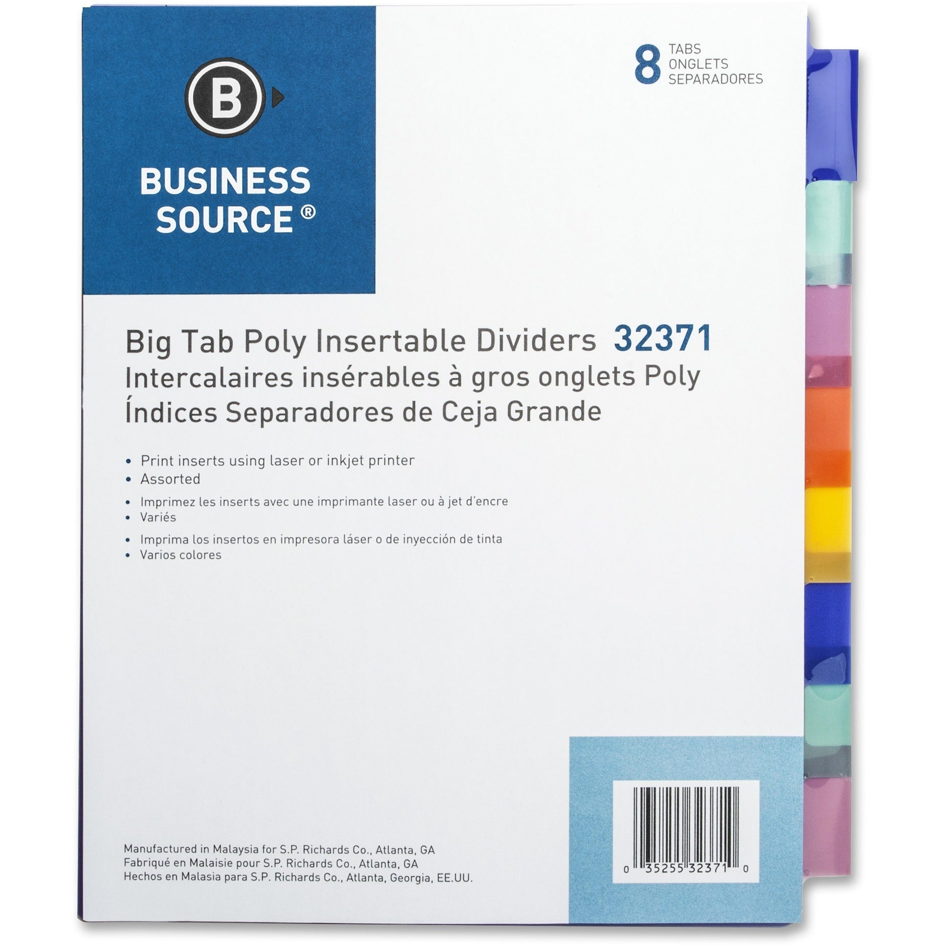 Business Source 3-Hole Poly Insert Index Dividers - 8 Print-on Tab(s) - 8.5" Divider Width x 11" Divider Length - Letter - Plastic Divider - Multicolor Tab(s) - Insertable - 8 / Set -