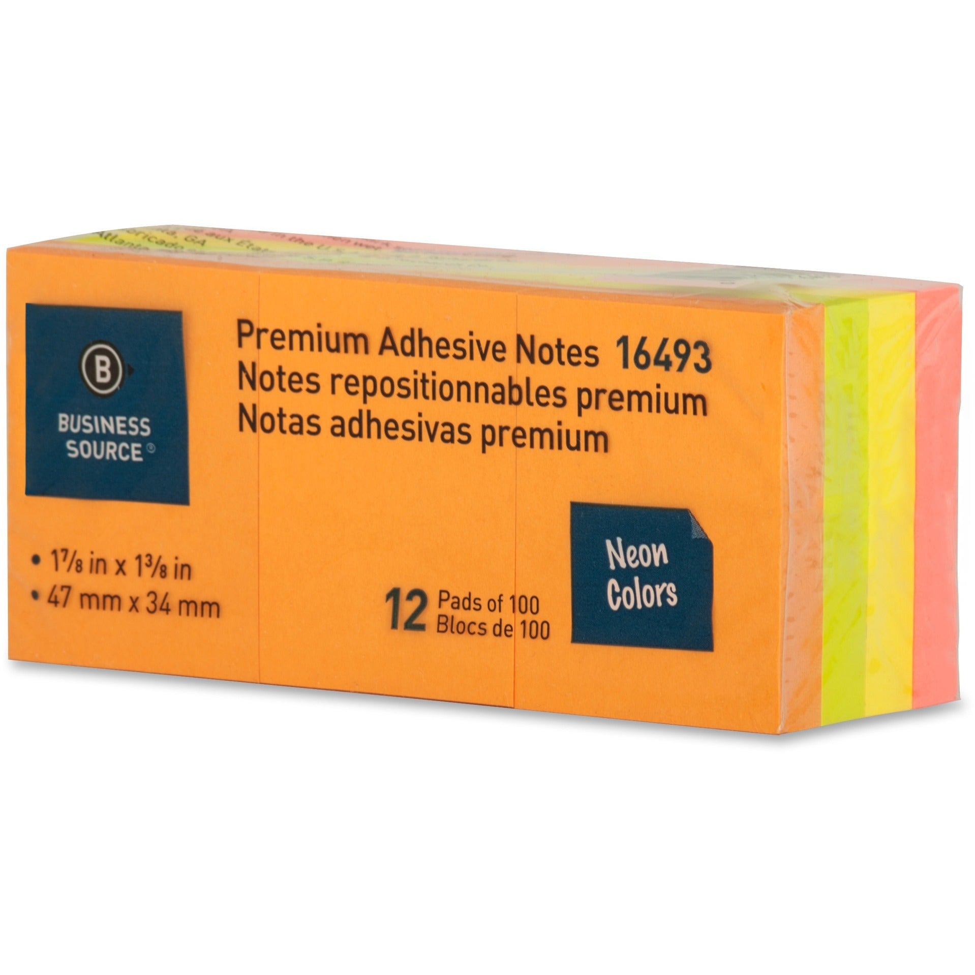 Business Source Premium Repostionable Adhesive Notes - 1.50" x 2" - Rectangle - Unruled - Neon - Self-adhesive, Repositionable, Solvent-free Adhesive - 12 / Pack -