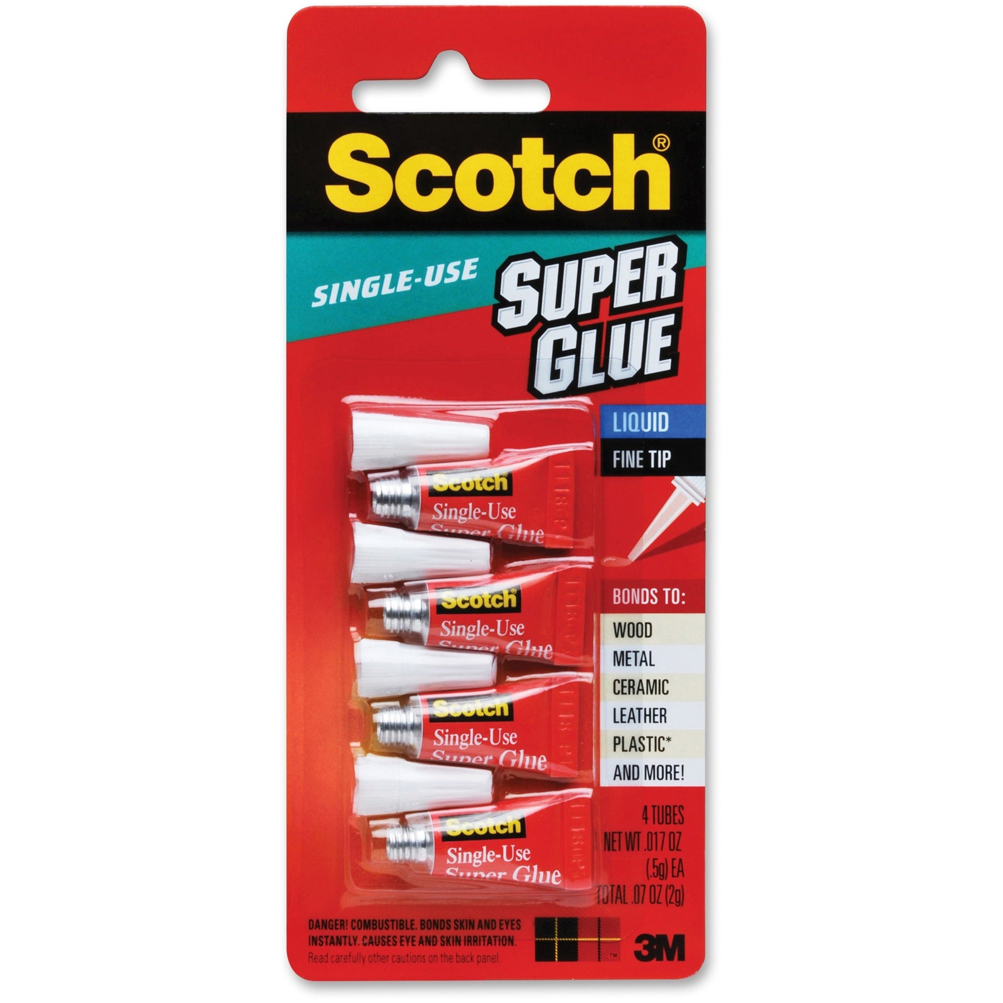 Scotch Super Glue Liquid - 0.05 grams Single-Use Tubes - 0.02 oz - 4 / Pack - Clear -