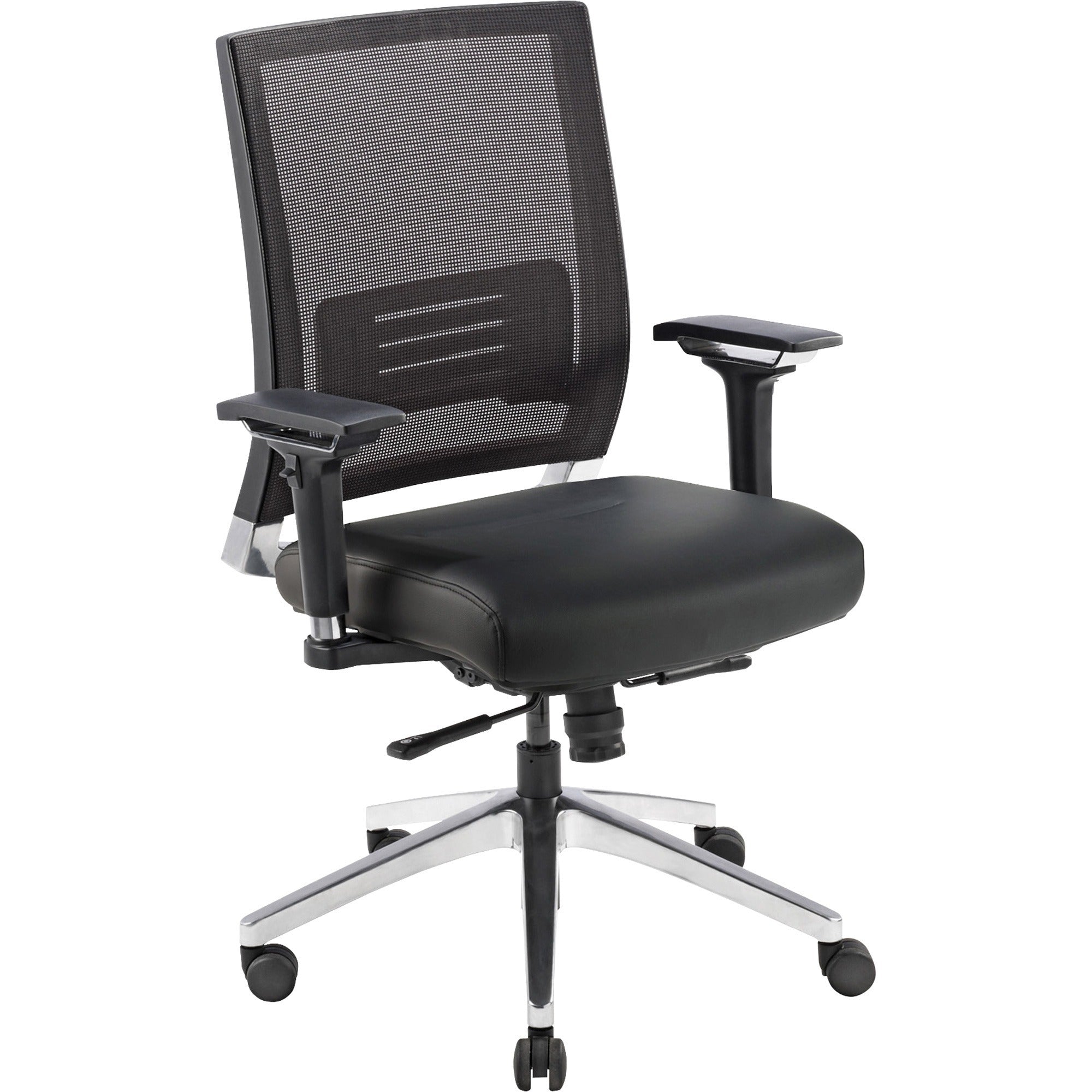 Lorell Heavy-duty Full-Function Executive Mesh Back Office Chair - Black Leather Seat - 5-star Base - Black - 1 Each -