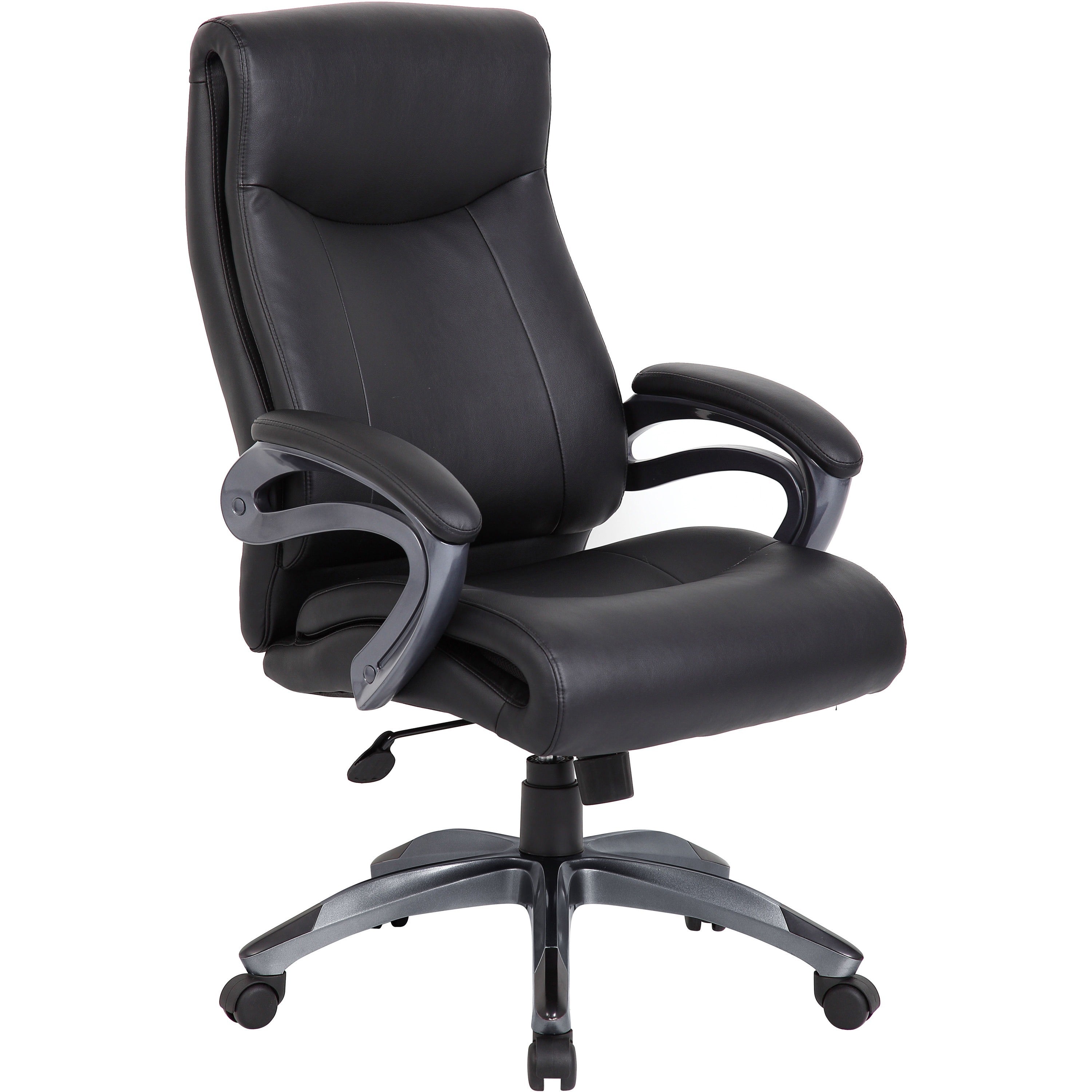 Lorell Executive High-Back Chair with Gun Metal Base - Black Leather Seat - 5-star Base - 1 Each -