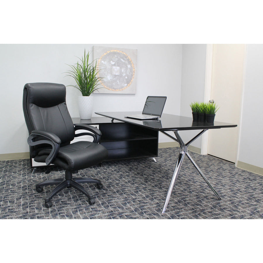 Lorell Executive High-Back Chair with Gun Metal Base - Black Leather Seat - 5-star Base - 1 Each -