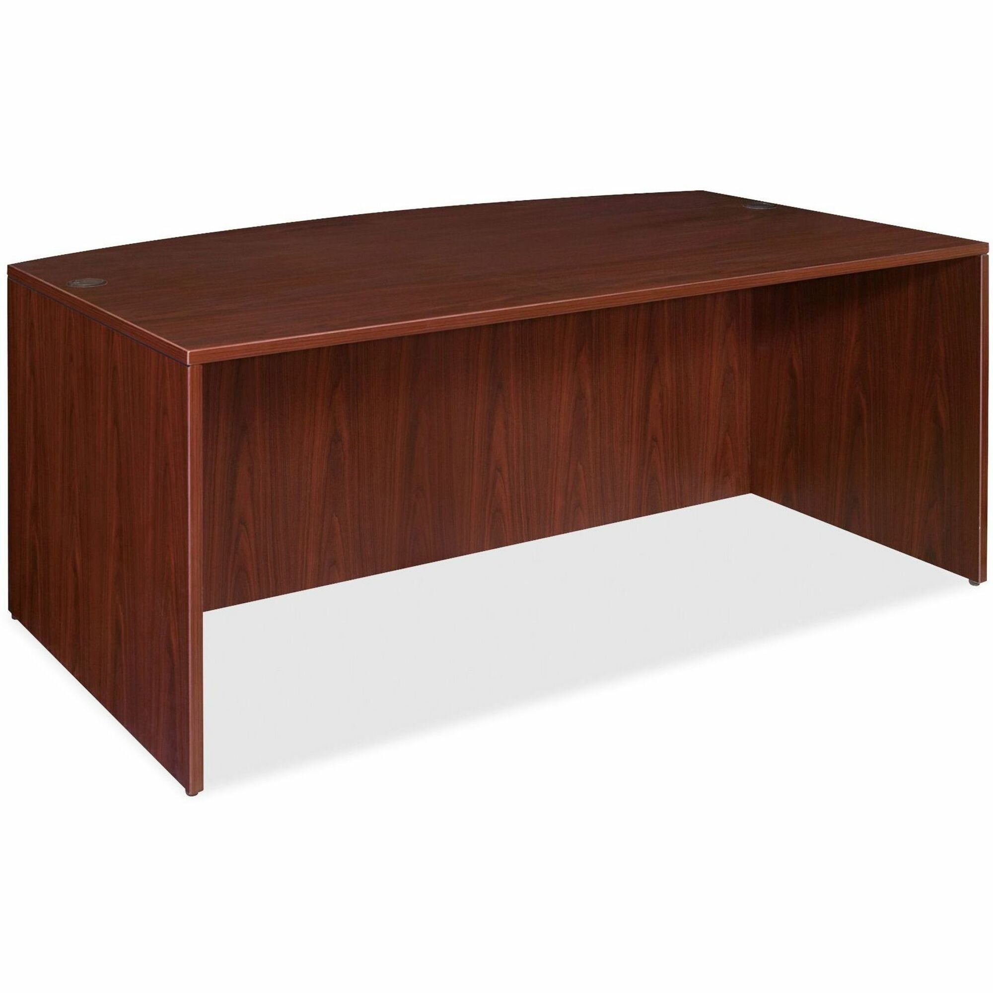 Lorell Essentials Series Bowfront Desk Shell - 70.9" x 41.4" x 1" x 29.5" - Finish: Laminate, Mahogany - Grommet, Modesty Panel, Durable, Adjustable Feet -