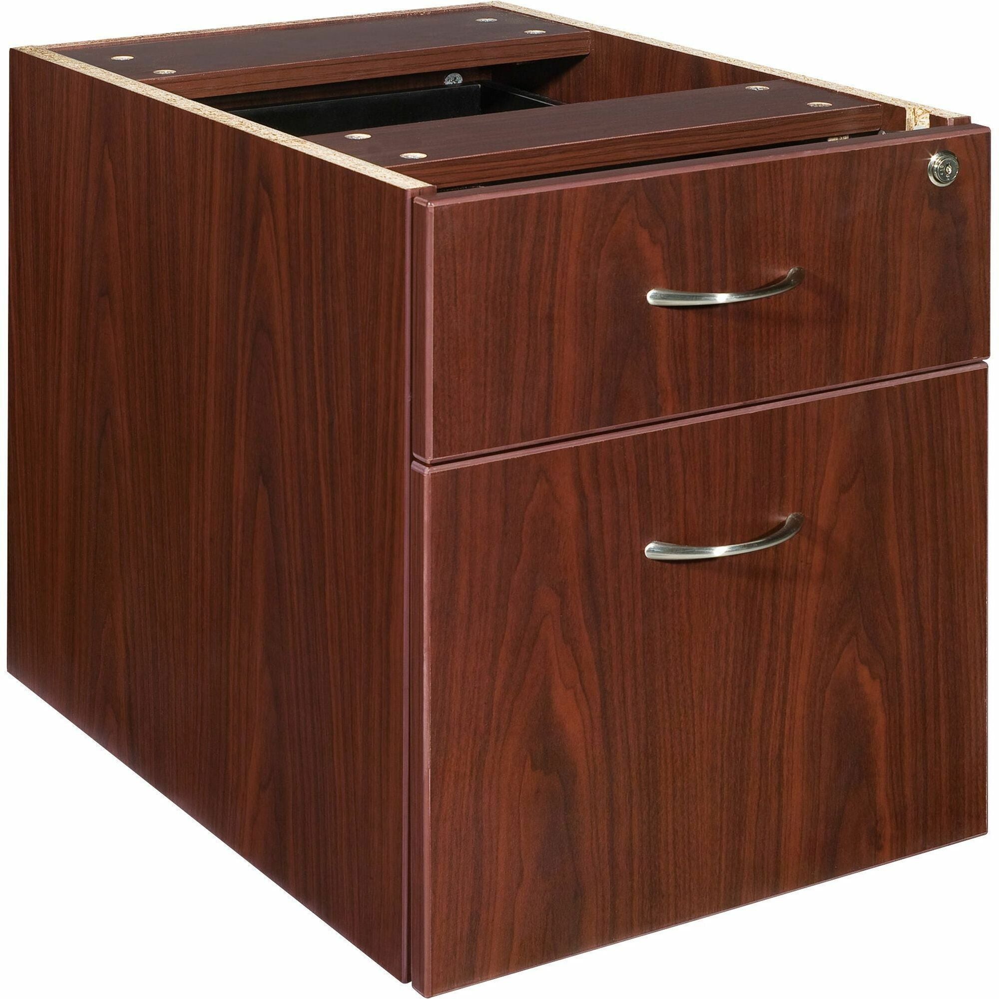 Lorell Essentials Series Box/File Hanging File Cabinet - 15.5" x 21.9" x 18.9" - 2 x Box, File Drawer(s) - Double Pedestal - Finish: Laminate, Mahogany - Ball-bearing Suspension, Lockable Drawer, Adjustable Feet -