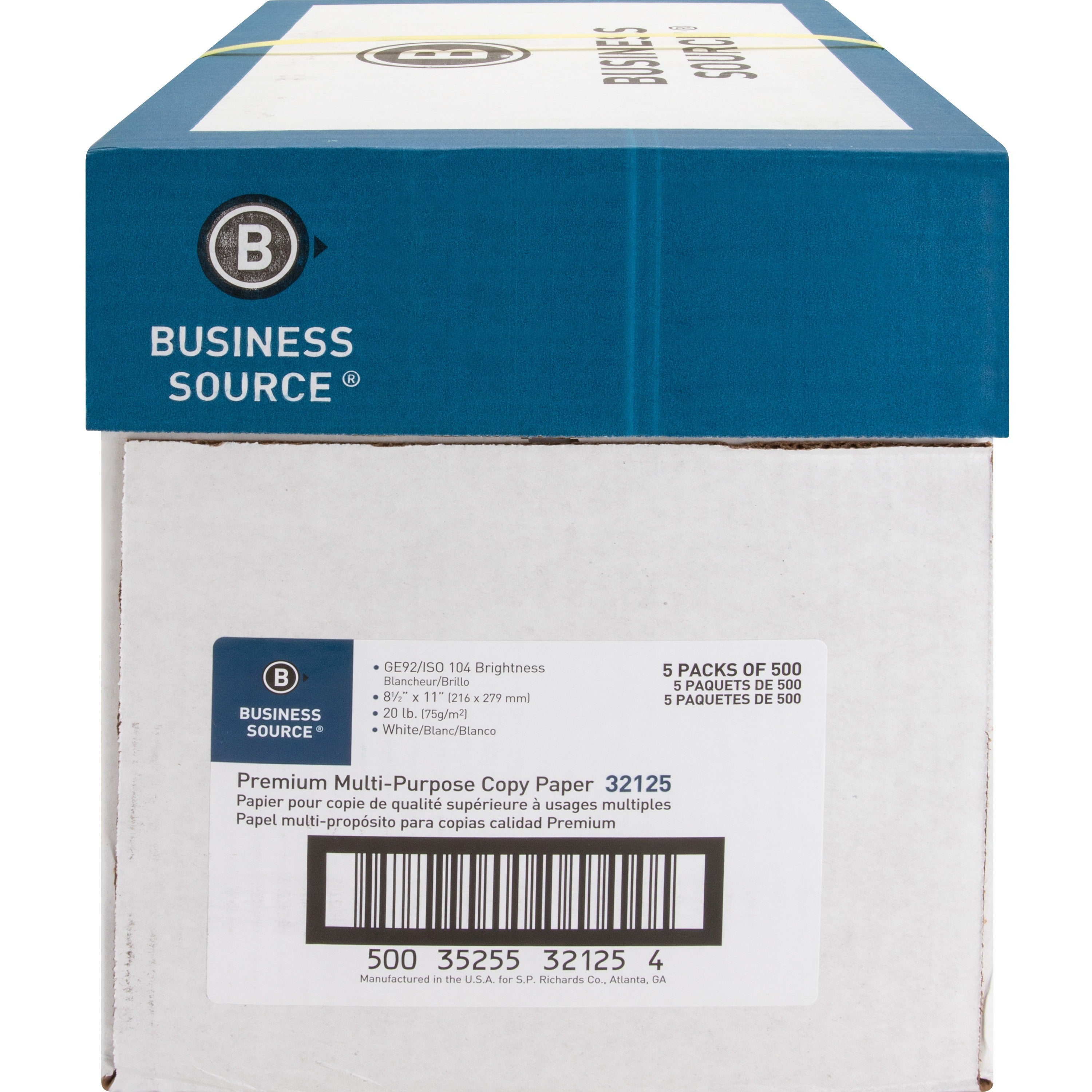 Business Source Premium Multipurpose Copy Paper - 92 Brightness - Letter - 8 1/2" x 11" - 20 lb Basis Weight - 5 / Carton - 2500 Sheets - 500 Sheets per Ream - 5 Ream per Case - Acid-free - White -
