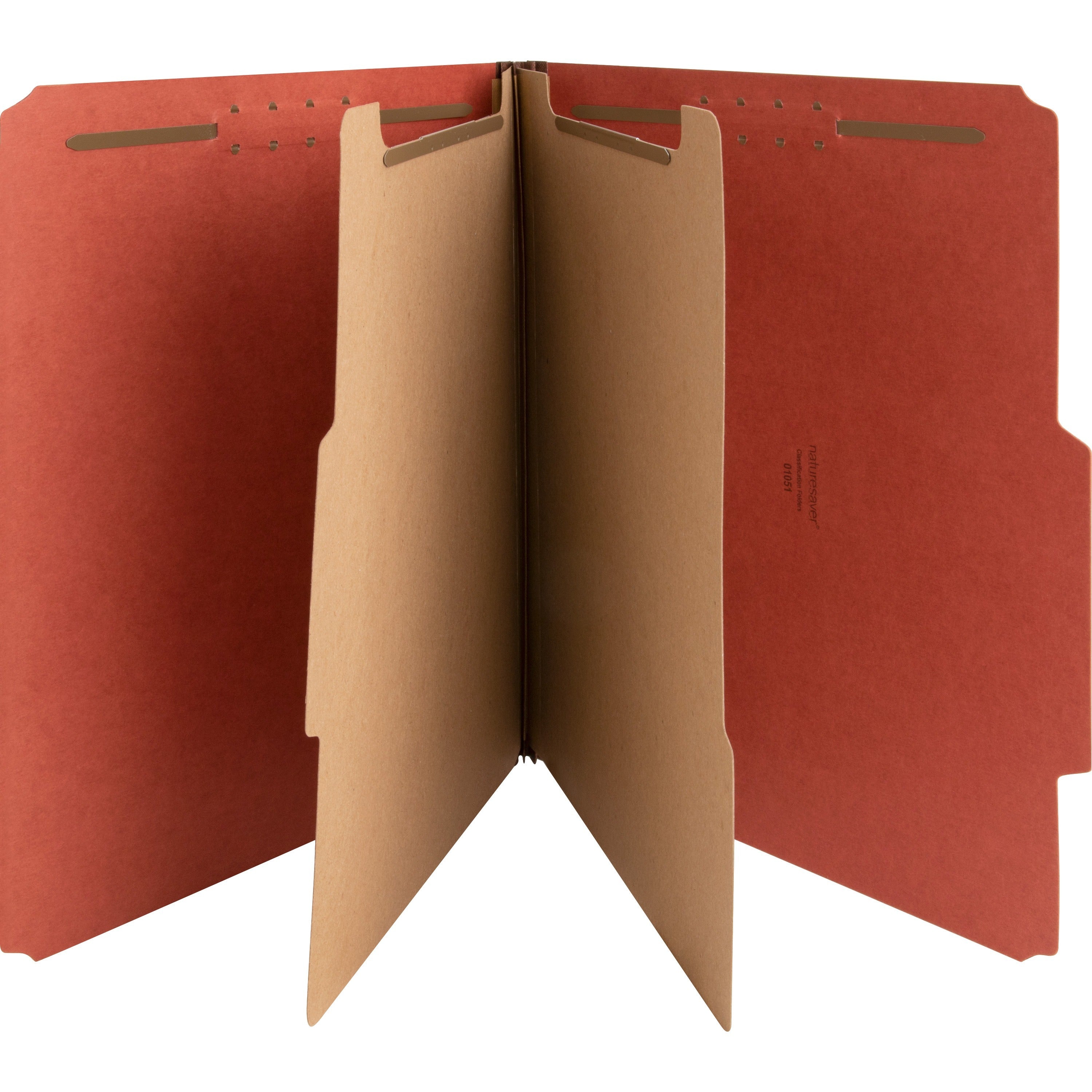 Nature Saver 2/5 Tab Cut Letter Recycled Classification Folder - 8 1/2" x 11" - 6 Fastener(s) - 2" Fastener Capacity for Folder, 1" Fastener Capacity for Divider - 2 Divider(s) - Pressboard - Red - 100% Recycled - 10 / Box -