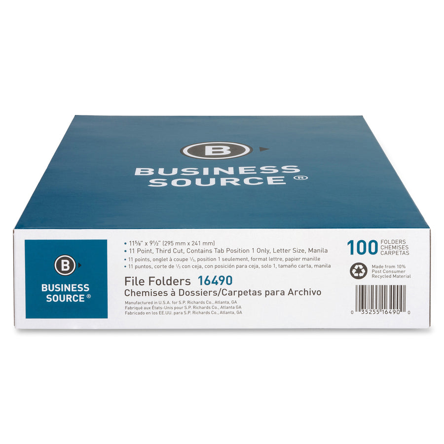 Business Source 1/3 Tab Cut Letter Recycled Top Tab File Folder - 8 1/2" x 11" - 3/4" Expansion - Top Tab Location - Left Tab Position - Manila - 10% Recycled - 100 / Box -