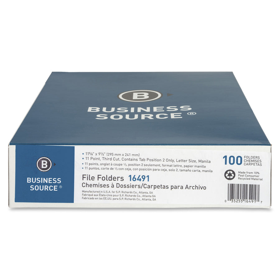 Business Source 1/3 Tab Cut Letter Recycled Top Tab File Folder - 8 1/2" x 11" - 3/4" Expansion - Top Tab Location - Center Tab Position - Manila - 10% Recycled - 100 / Box -