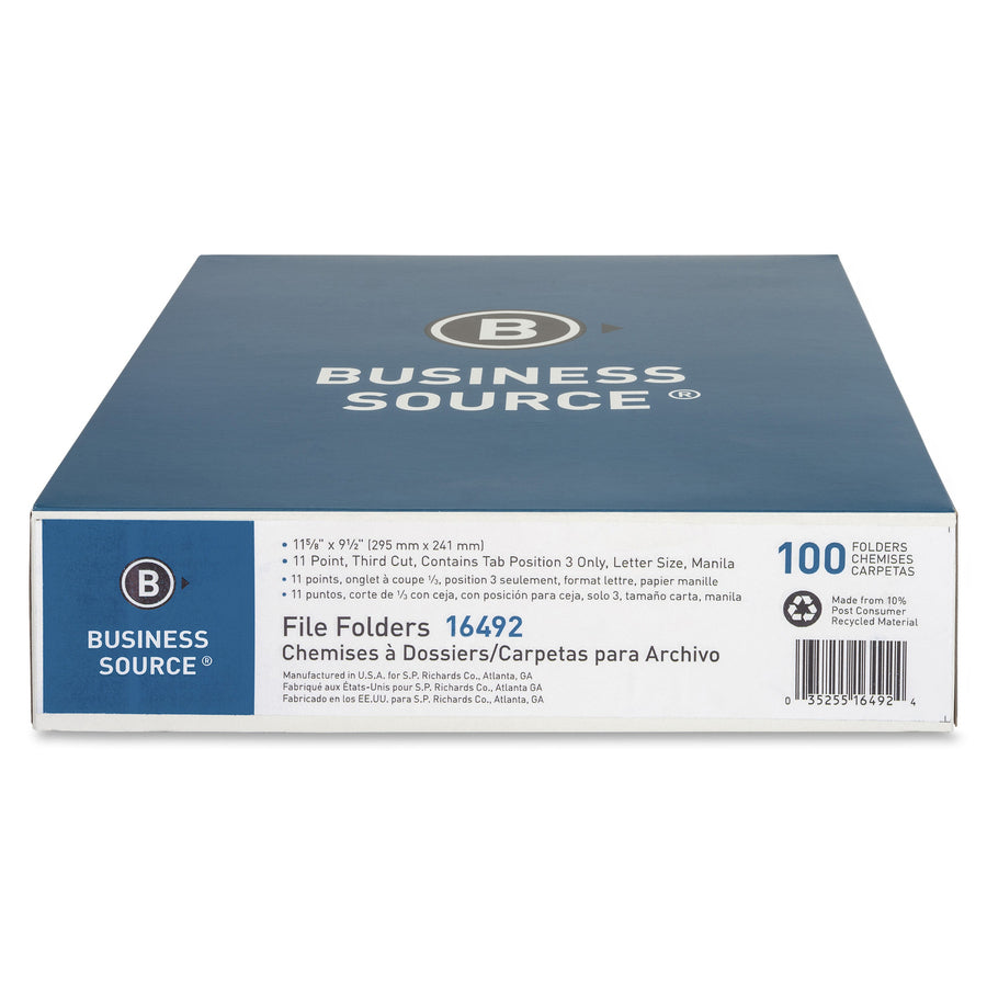 Business Source 1/3 Tab Cut Letter Recycled Top Tab File Folder - 8 1/2" x 11" - 3/4" Expansion - Top Tab Location - Right Tab Position - Manila - 10% Recycled - 100 / Box -