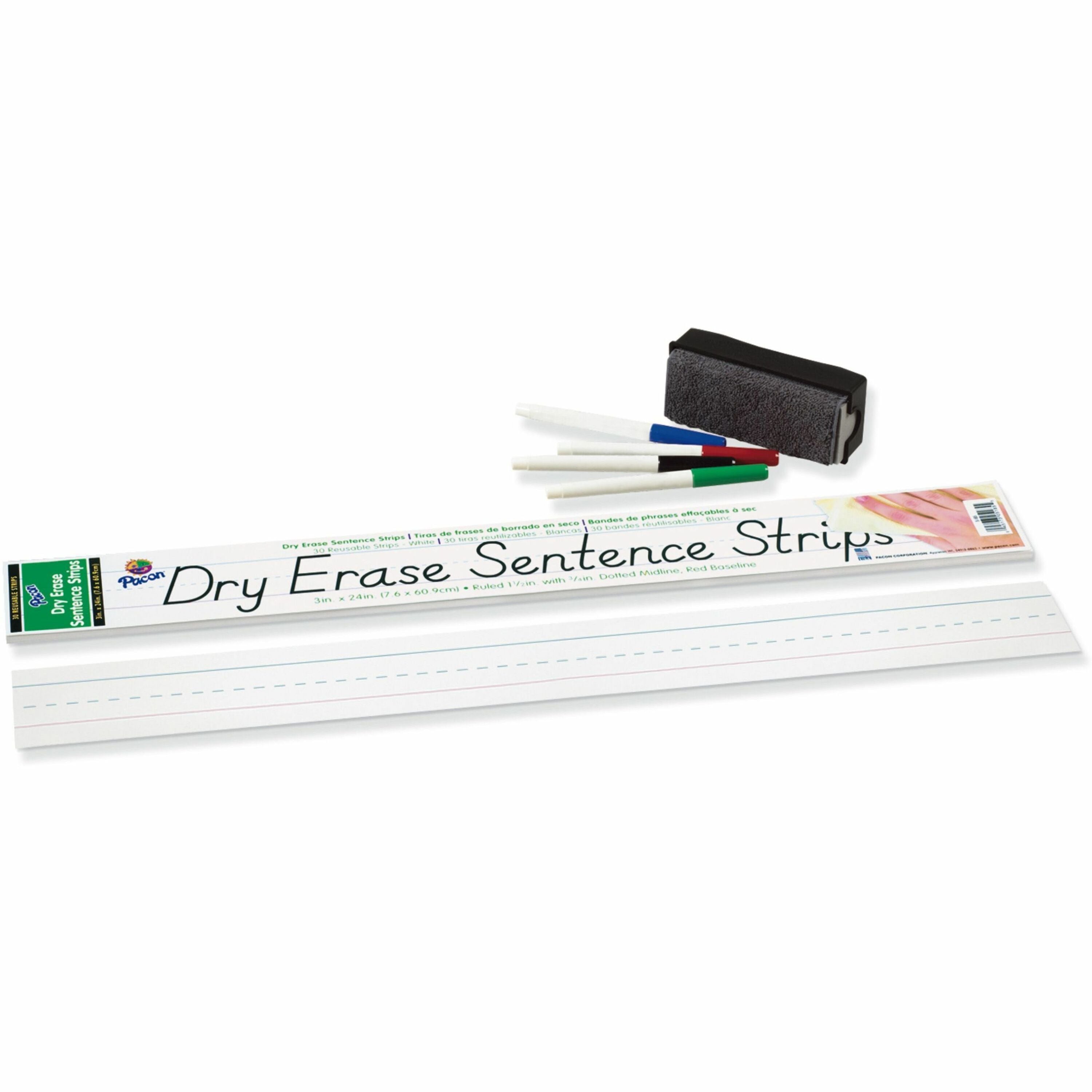 Pacon Dry Erase Sentence Strips - 3"H x 24"W - 1.5" Ruled - Dry Erase - 30 Strips/Pack - White -