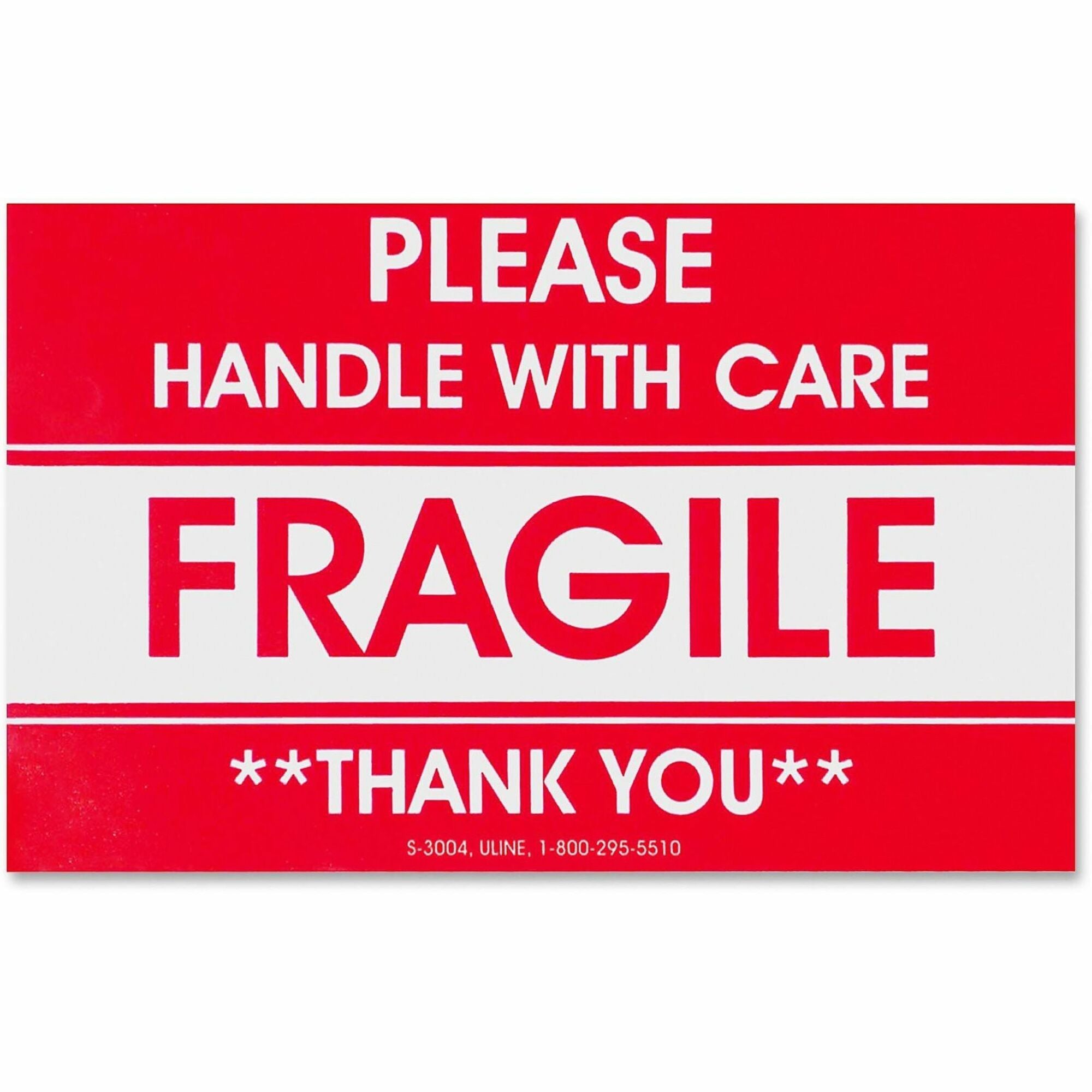 Tatco Fragile/Handle With Care Shipping Label - "Fragile - Handle with Care, Thank You" - 3" Width x 5" Length - Rectangle - Red - 500 / Roll - 500 / Roll -