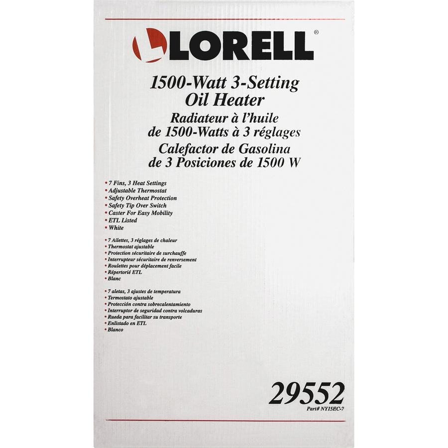 Lorell 3-Setting Oil-Filled Heater - Oil Filled - Electric - 1500 W - 3 x Heat Settings - White -