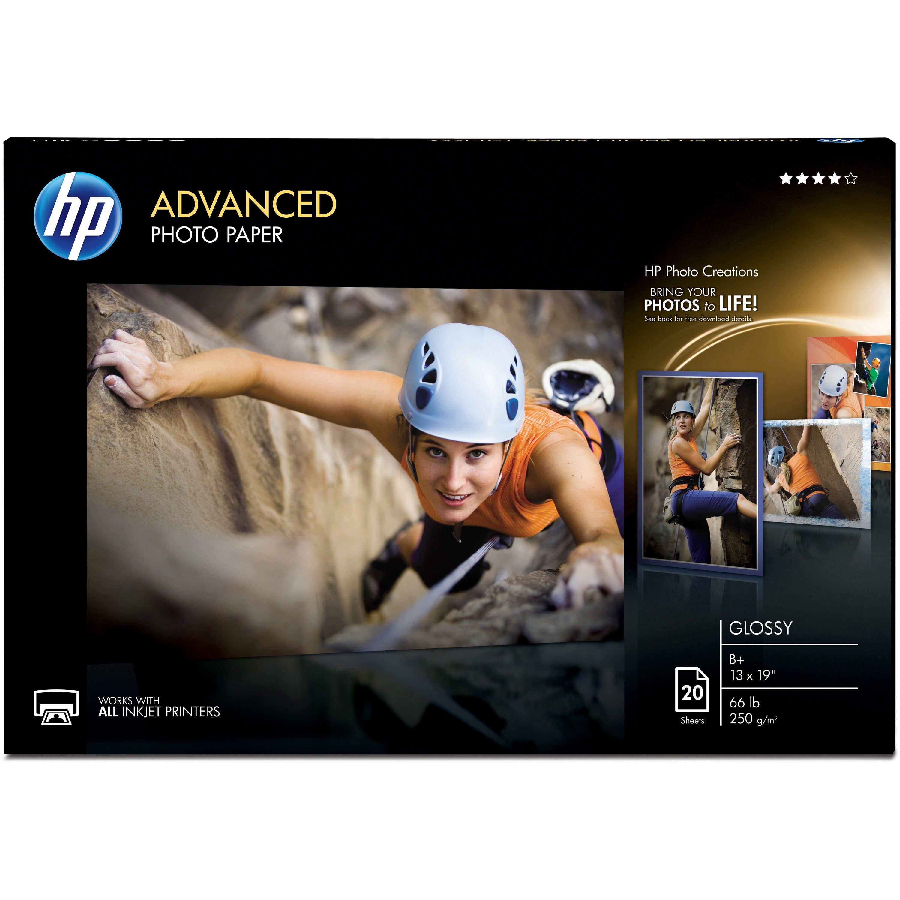 HP CR696A Advanced Glossy Photo Paper - Super B - 13" x 19" - 66 lb Basis Weight - Glossy - 1 / Pack - Quick Drying, Water Resistant, Smear Resistant, Humidity Resistant, Smudge Resistant