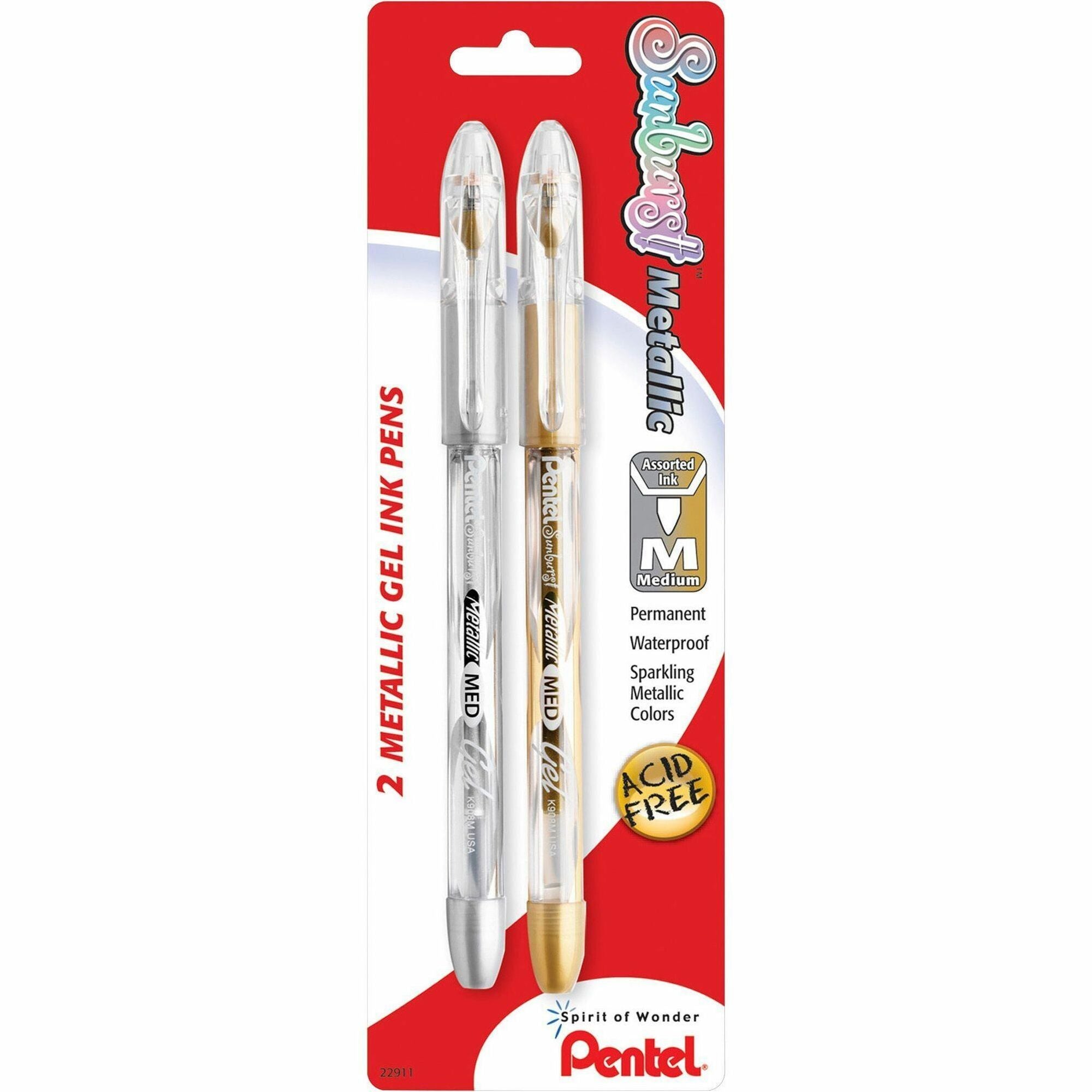 Pentel Arts Pentel Sunburst Metallic Color Permanent Gel Pens - Medium Pen Point - 0.8 mm Pen Point Size - Refillable - Gold, Silver Gel-based Ink - 2 / Pack -