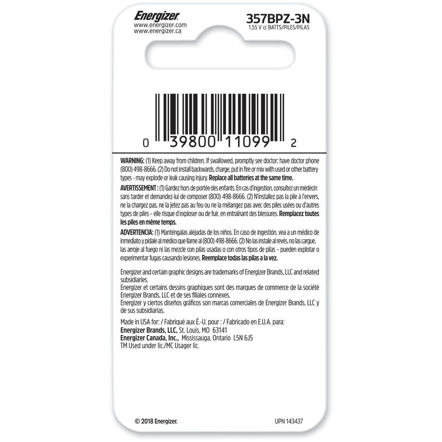 Energizer 357/303 Silver Oxide Button Battery, 3 Pack - For Multipurpose - 1.6 V DC - Silver Oxide - 3 / Pack -