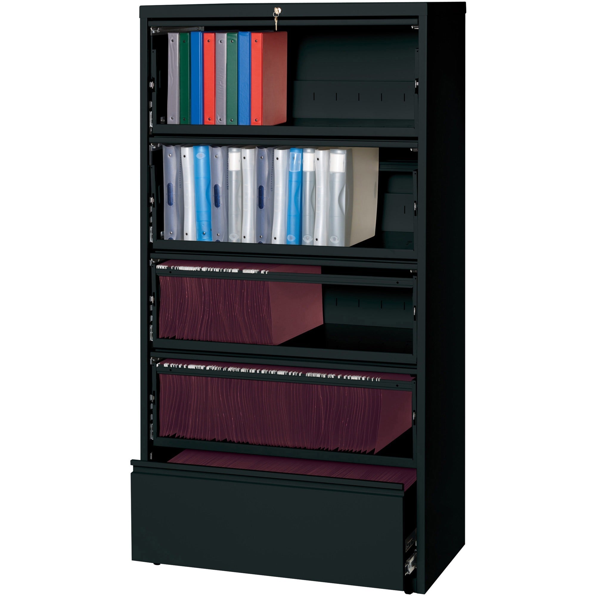 Lorell Fortress Lateral File with Roll-Out Shelf - 36" x 18.6" x 69" - 5 x Drawer(s) for File - Legal, Letter, A4 - Leveling Glide, Ball-bearing Suspension, Interlocking, Heavy Duty, Recessed Handle - Black - Steel - Recycled -