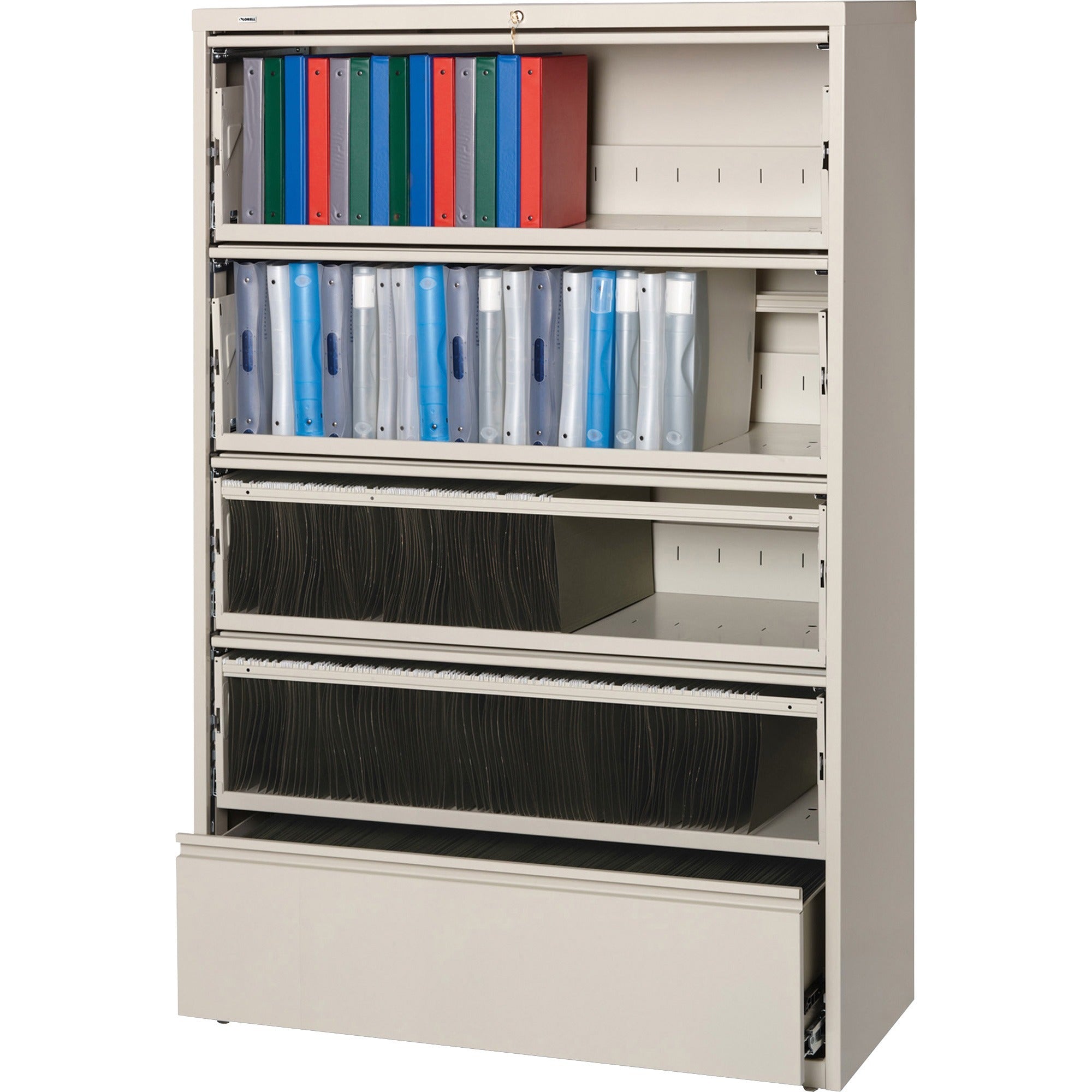 Lorell Fortress Lateral File with Roll-Out Shelf - 42" x 18.6" x 68.8" - 5 x Drawer(s) for File - Legal, Letter, A4 - Recessed Handle, Ball-bearing Suspension, Leveling Glide, Heavy Duty, Interlocking - Putty - Steel - Recycled -