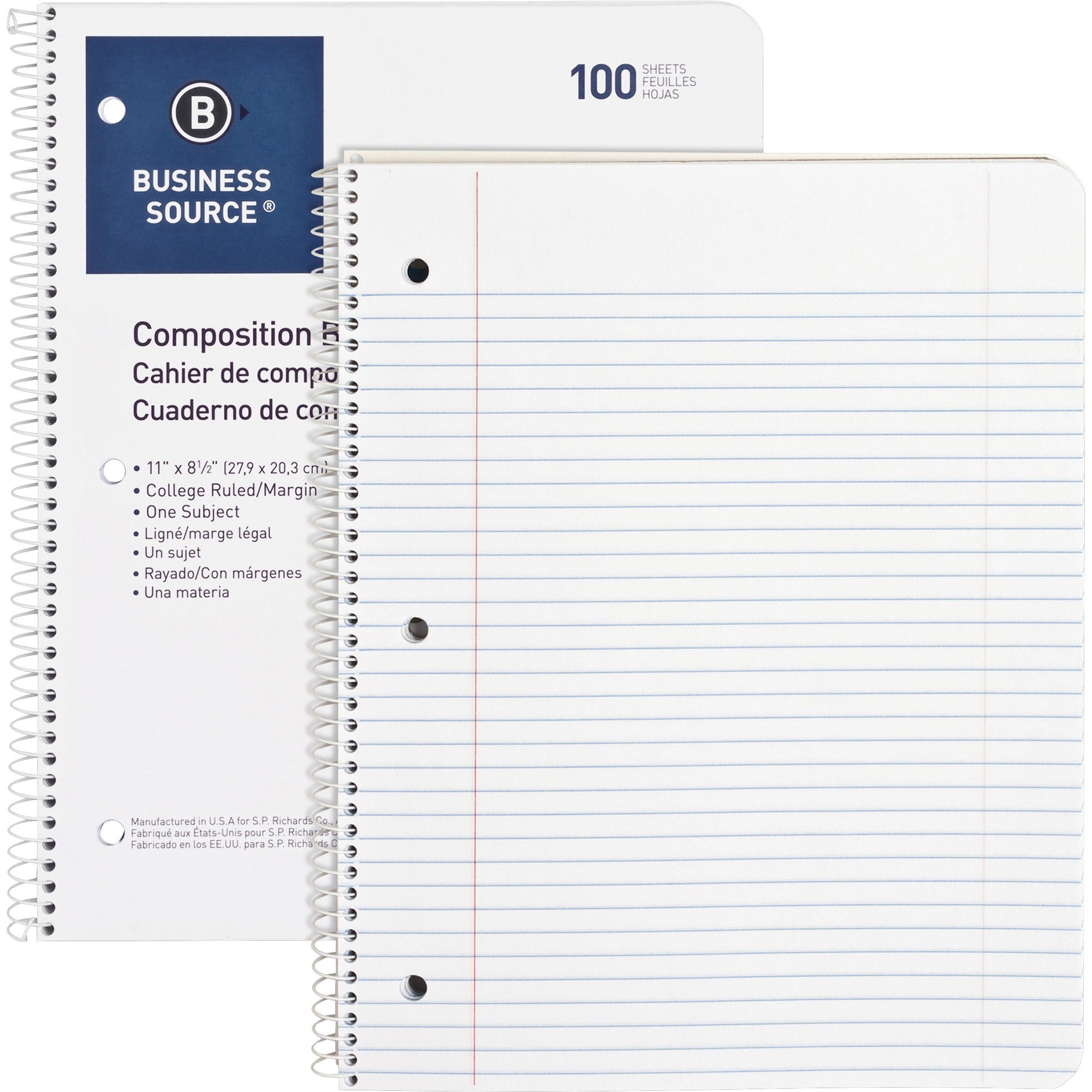 Business Source Wirebound College Ruled Notebooks - Letter - 100 Sheets - Wire Bound - 16 lb Basis Weight - Letter - 8 1/2" x 11" - White Paper - Stiff-back - 1 Each -