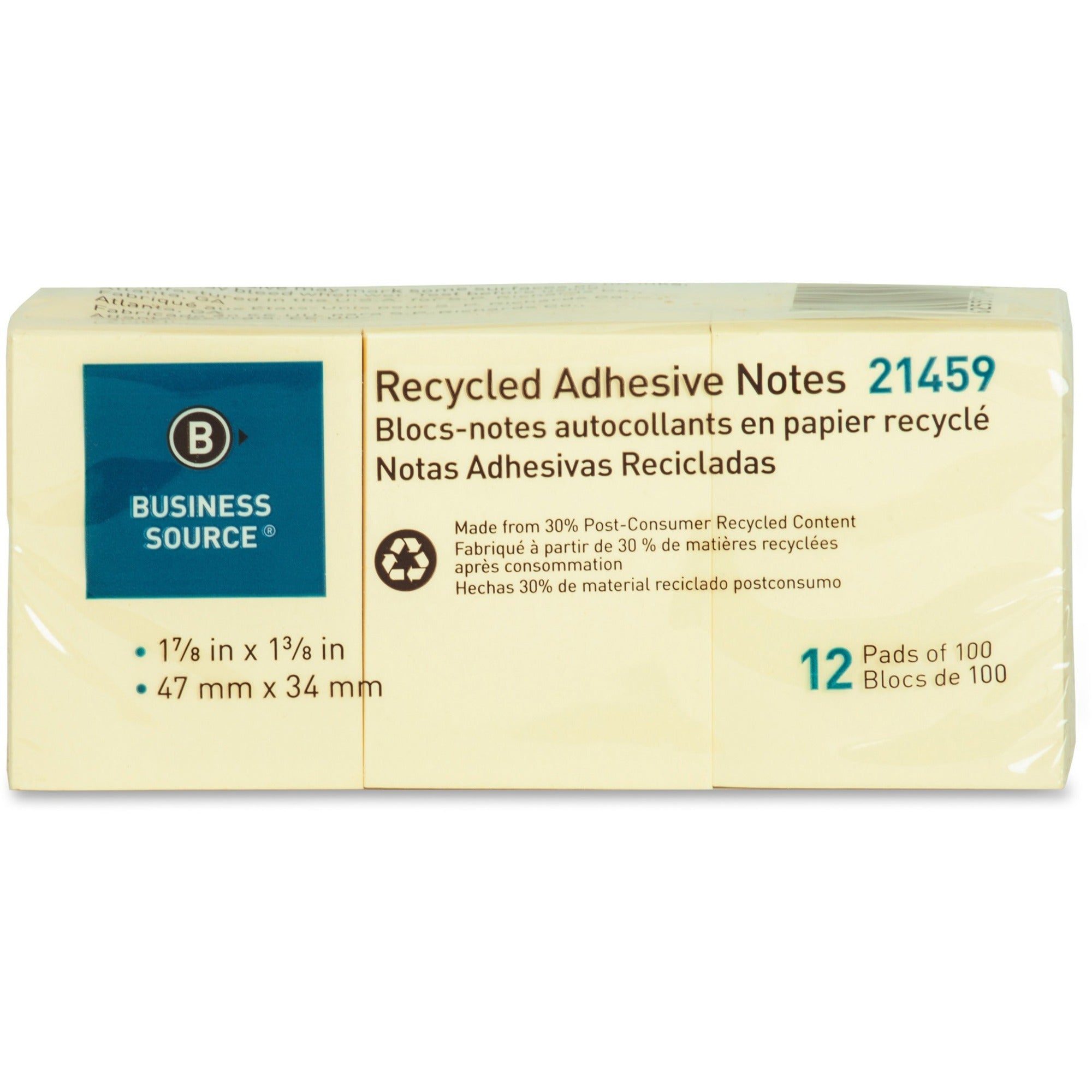 Business Source Yellow Adhesive Notes - 1.87" x 1.37" - Rectangle - Unruled - Yellow - Self-adhesive, Removable - 12 / Pack - Recycled -