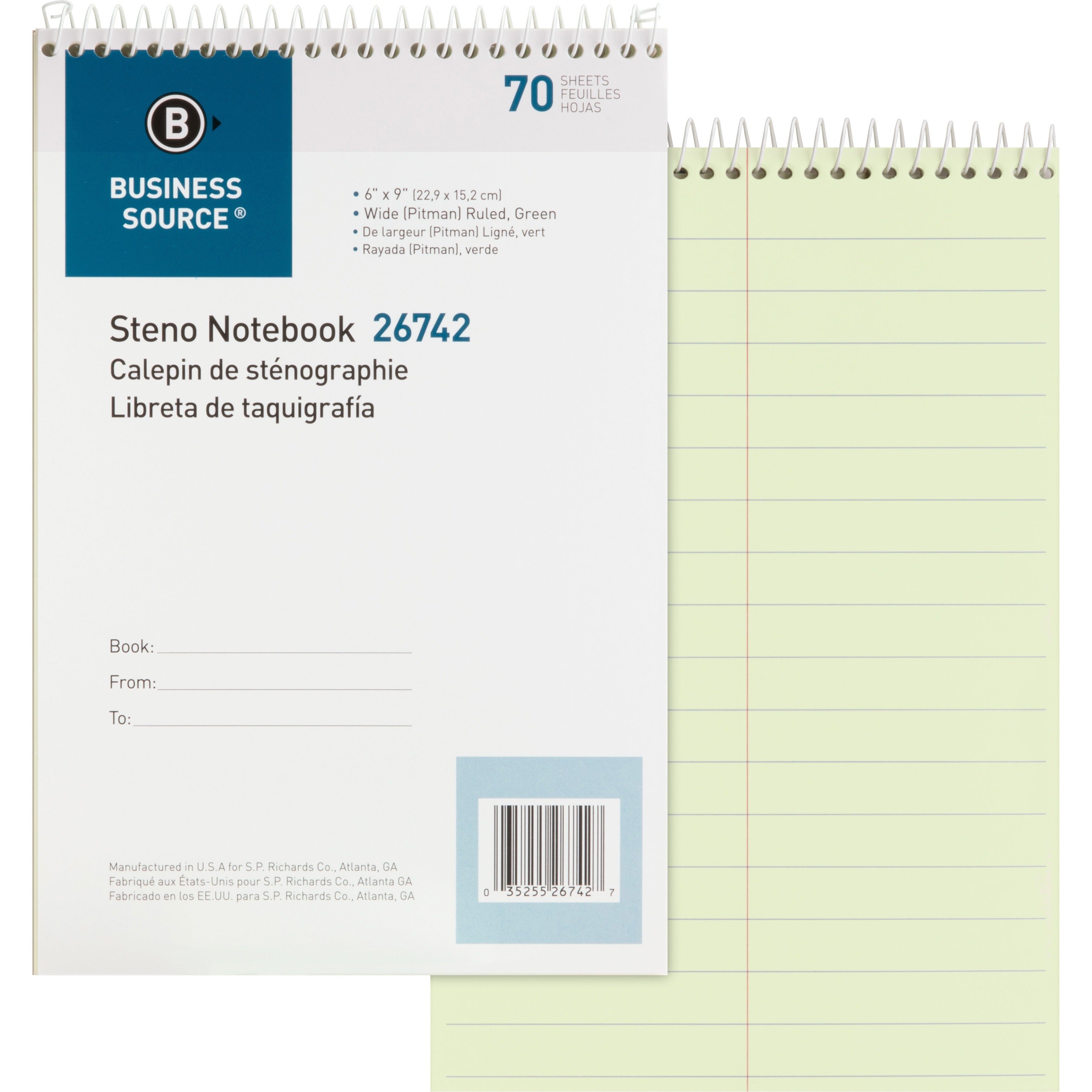 Business Source Steno Notebook - 70 Sheets - Wire Bound - Pitman Ruled Margin - 6" x 9" - Green Paper - Stiff-back - 1 Each -