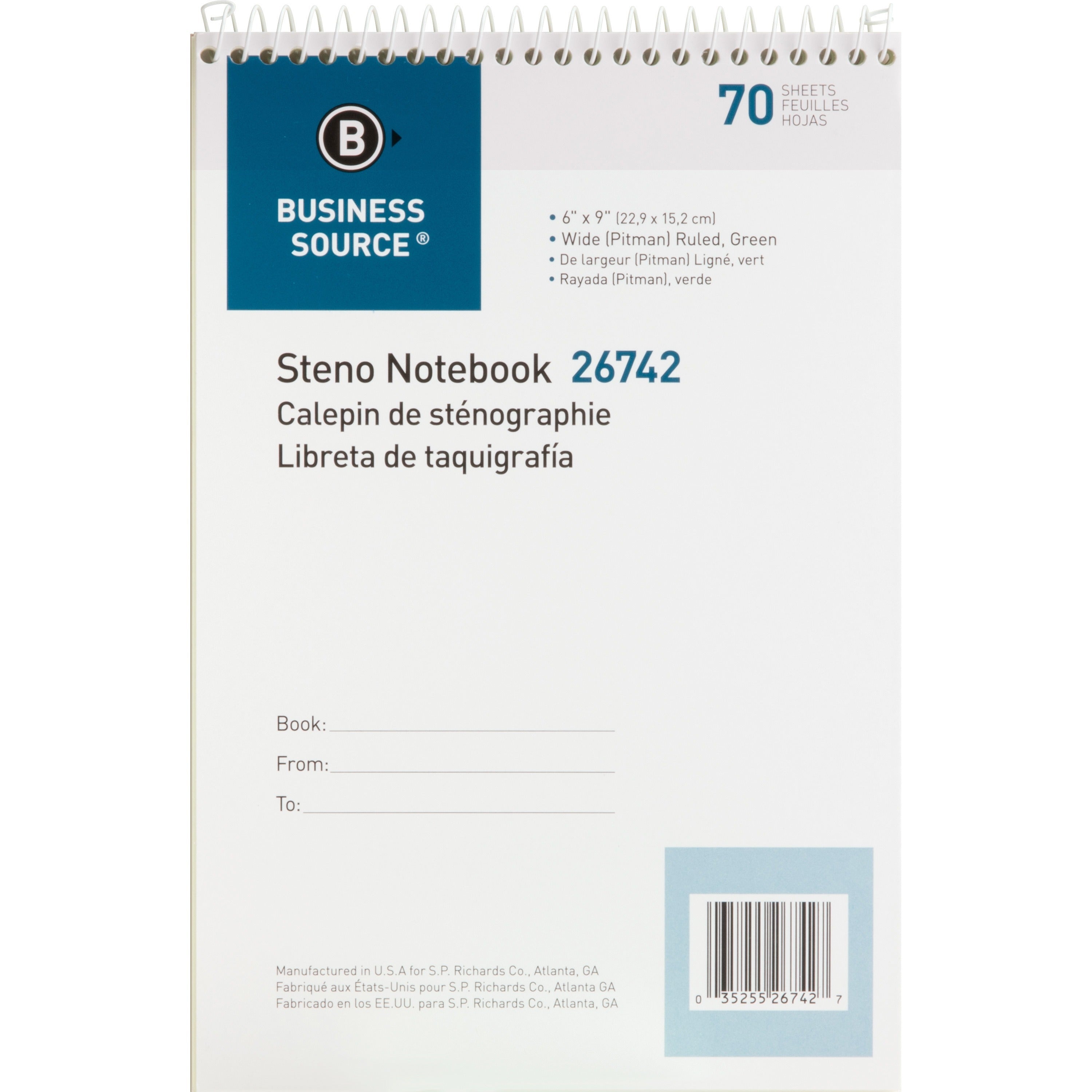Business Source Steno Notebook - 70 Sheets - Wire Bound - Pitman Ruled Margin - 6" x 9" - Green Paper - Stiff-back - 1 Each -